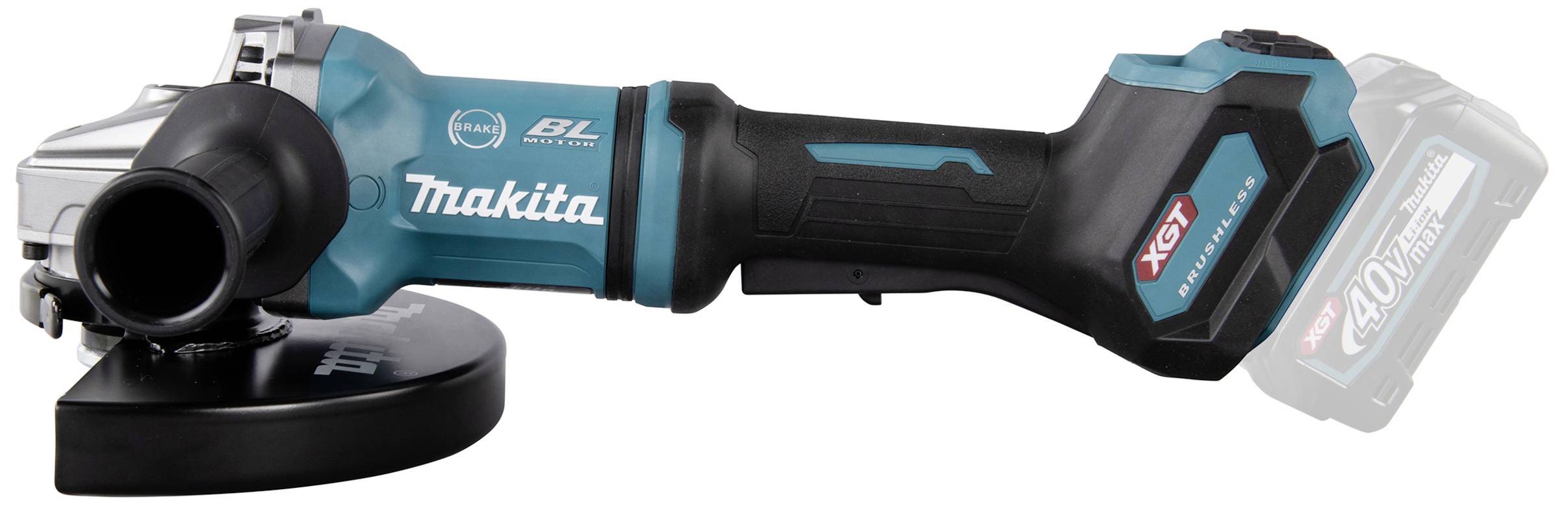 Akku-Winkelschleifer Makita, blau-schwarz, mit seitlichem Griff und Scheibe links, Batteriefach hinten.