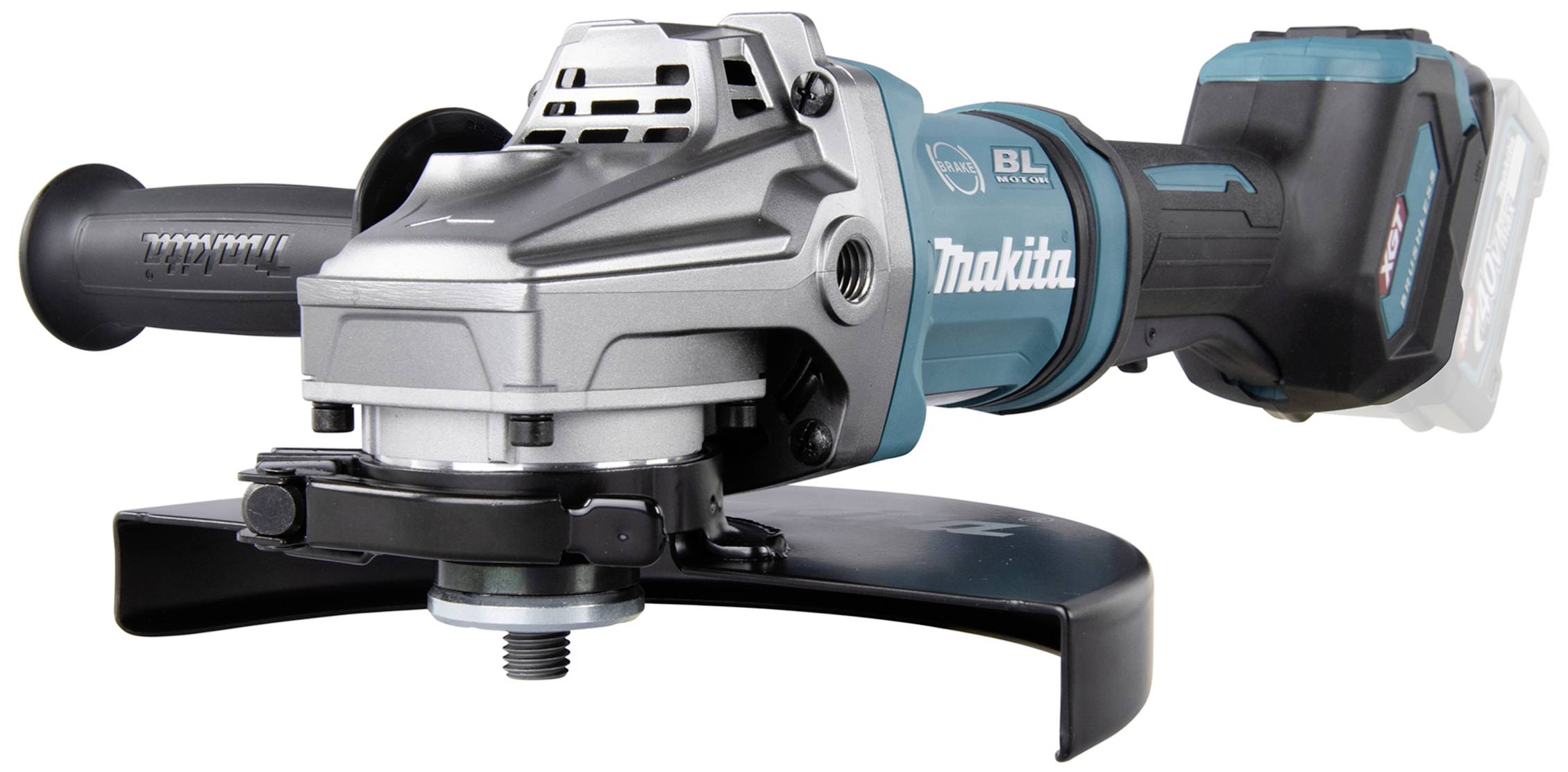 Akku-Winkelschleifer, Makita, grau-blau, mit Schutzhaube und ergonomischem Griff, für komfortables Schleifen und Schneiden.