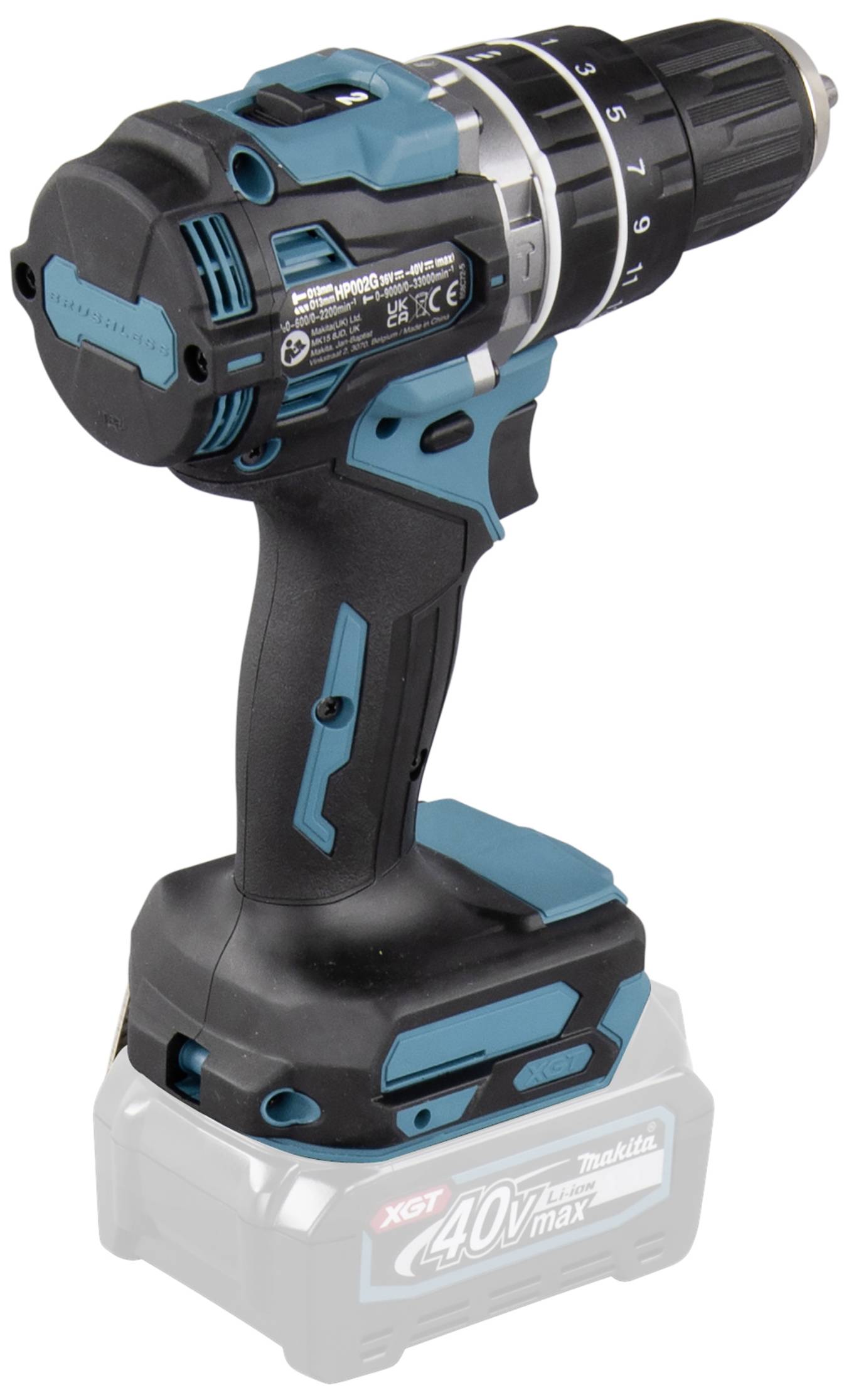 Akkubohrmaschine in Blau und Schwarz mit 40V-Akku, steht aufrecht.