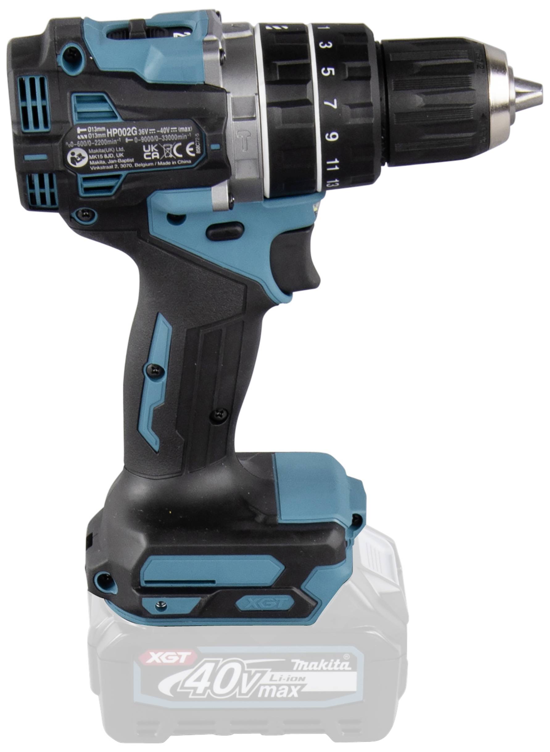 Ein blauer und schwarzer Akku-Bohrschrauber, stehend, mit Drehmoment-Einstellungen und ergonomischem Griff.