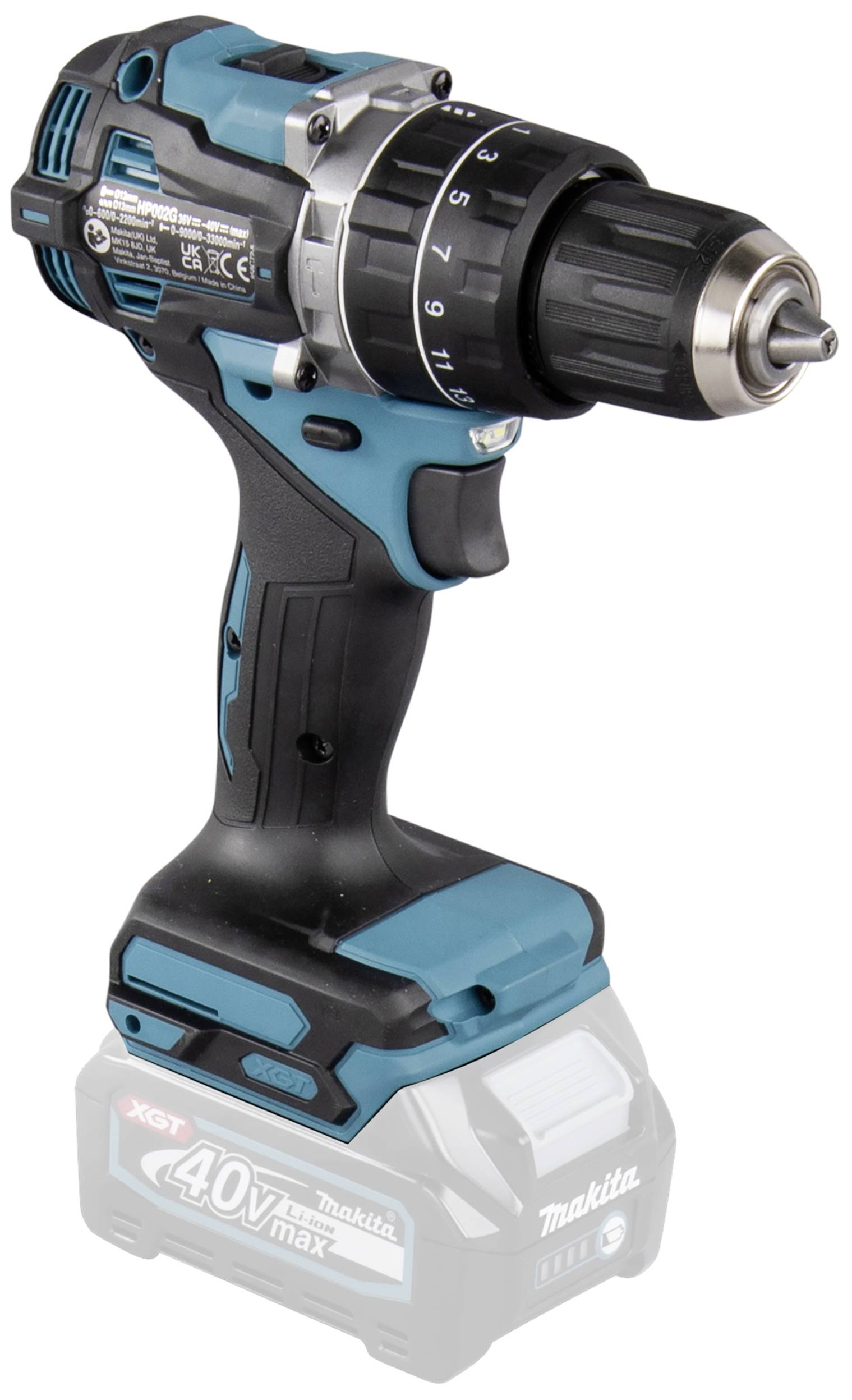 Akkubohrmaschine mit blau-schwarzem Gehäuse und 40V-Batterie, geeignet für Bauarbeiten oder Heimprojekten.