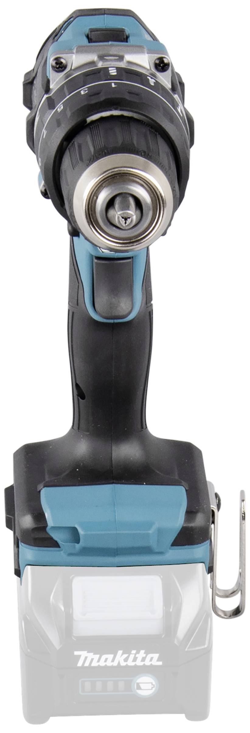 Akkuschrauber mit blau-schwarzem Gehäuse, frontal abgebildet.