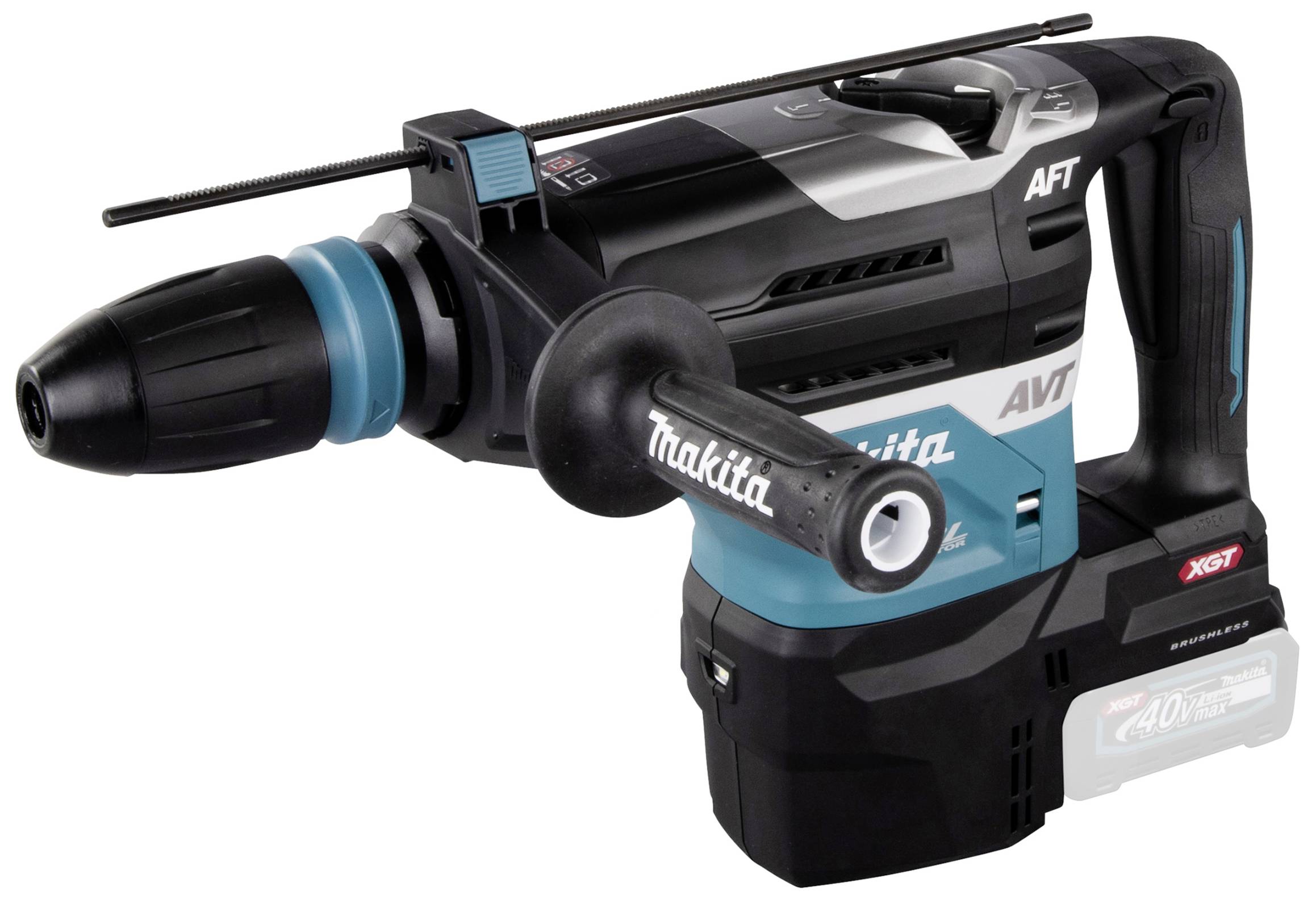 Ein kabelloser Bohrhammer mit blau-schwarzem Gehäuse, Griff und Bohrerhalterung. Markierungen: 'Makita', '40V Max', 'XTGT'.