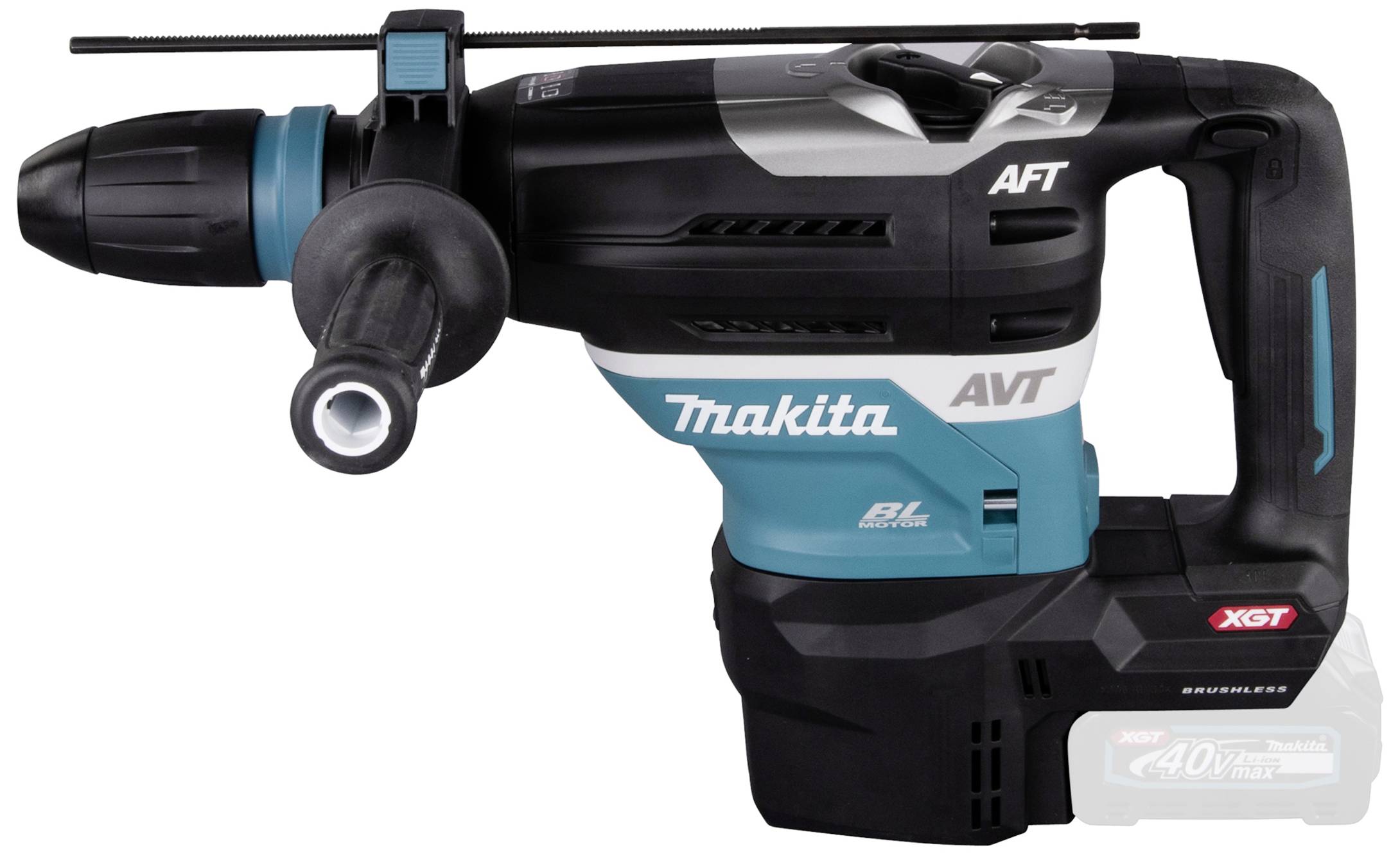 Ein blau-schwarzer Makita Bohrhammer mit grauen Akzenten, Modell AVT XGT, für schwere Bohr- und Meißelarbeiten.