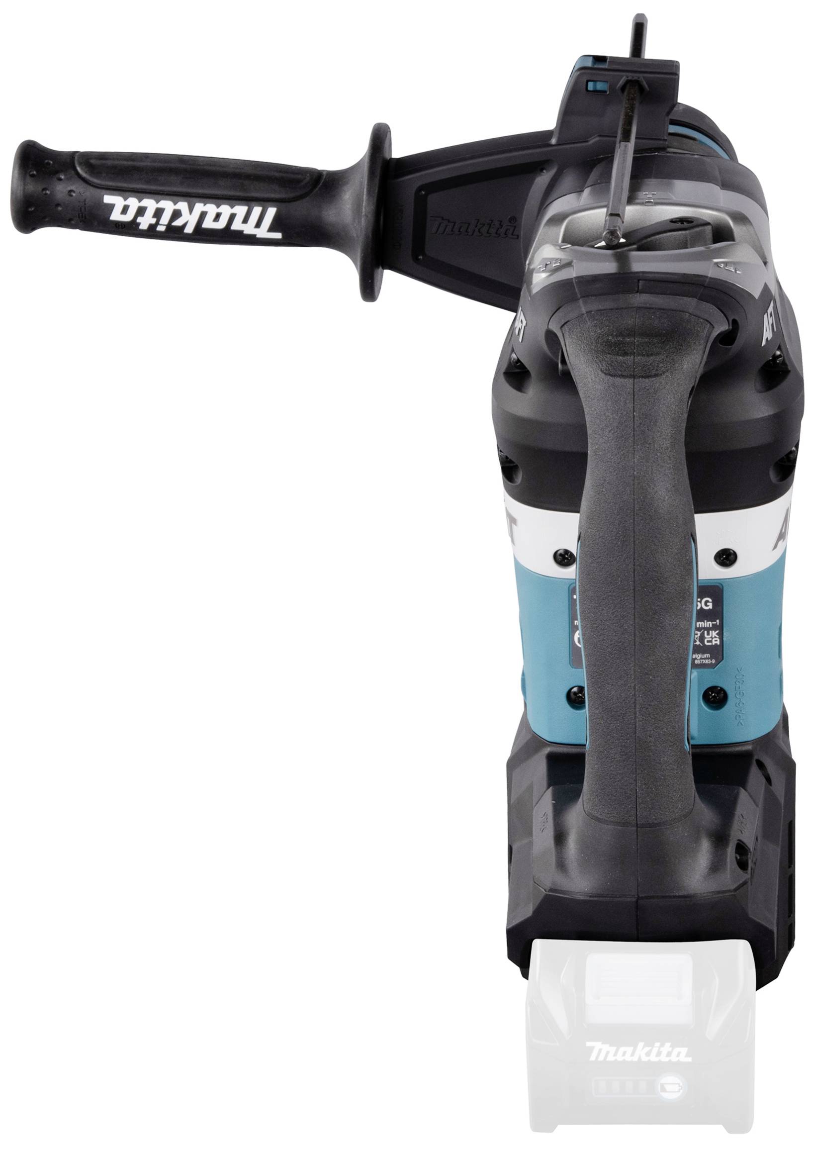 Ein Bohrhammer von Makita mit ergonomischem Griff und Akku-Anschluss, geeignet für Bohr- und Hammerarbeiten in Bauprojekten.