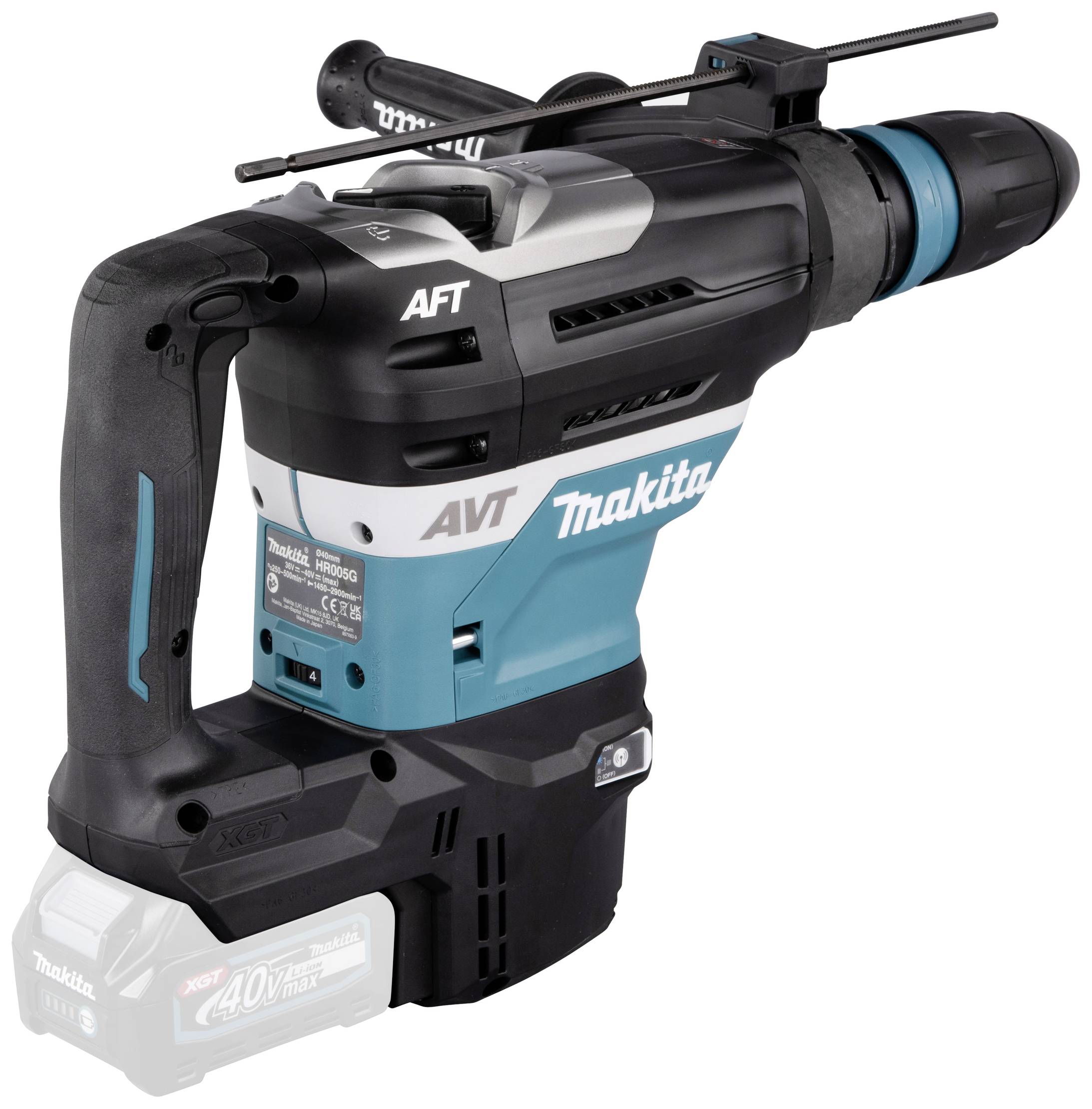 Ein kabelloser Bohrhammer von Makita in Schwarz und Blau. Er verfügt über einen ergonomischen Griff und einen Akku am unteren Ende.