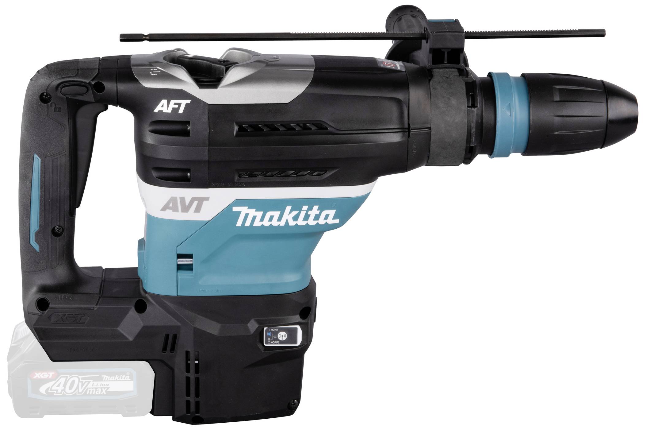 'Makita SDS-Plus Bohrhammer' zeigt ein kabelloses Elektrowerkzeug in Schwarz und Blau, geeignet für Bohrarbeiten.