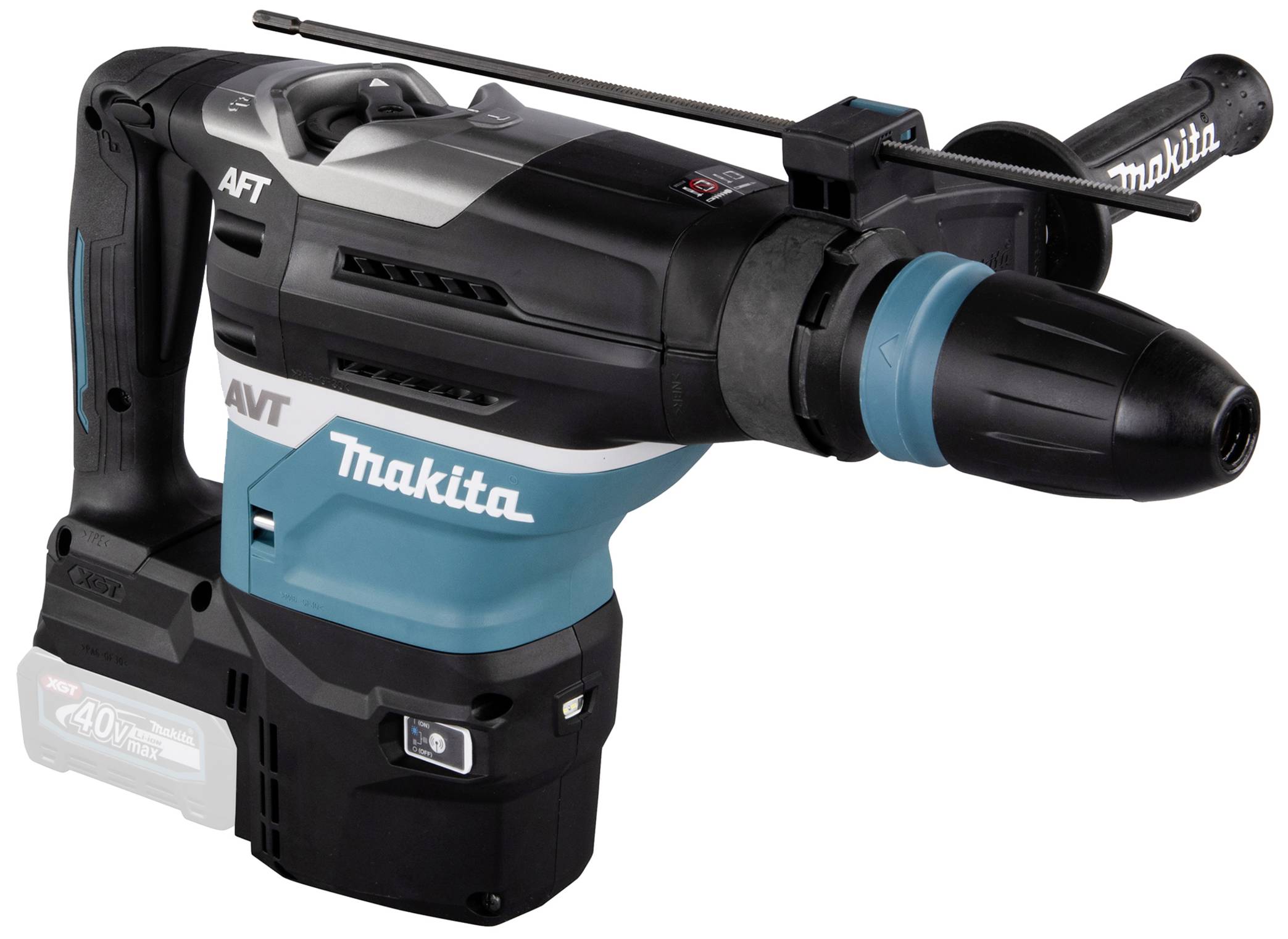 Ein kabelloser Bohrhammer der Marke Makita in Blau und Schwarz. Er verfügt über einen ergonomischen Griff und einen Bohrer an der Spitze.