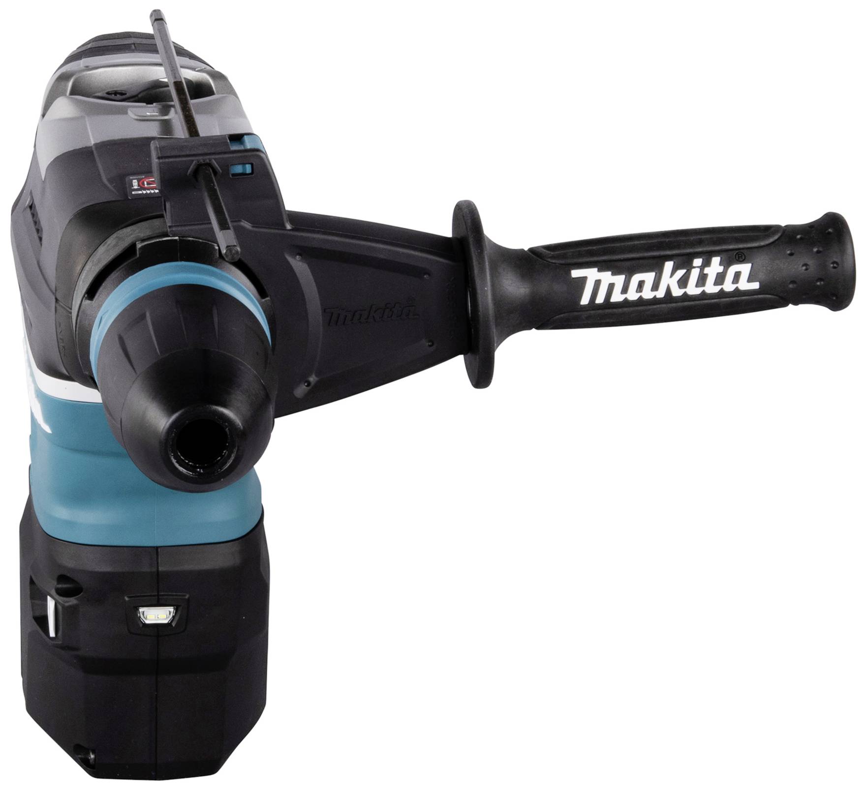 Ein elektrischer Bohrhammer in Schwarz und Blau mit einem seitlichen Griff, der den Markennamen zeigt.