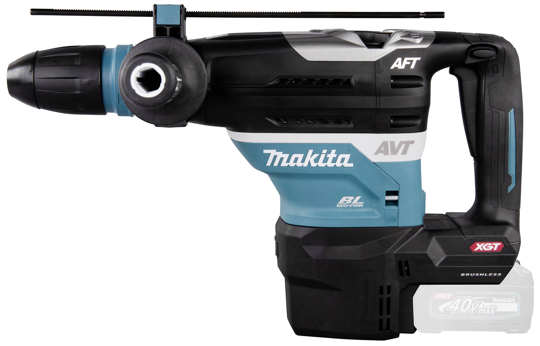 Ein kabelloser Bohrhammer mit blau-schwarzem Gehäuse, Marke Makita, Modell AVT. Akku- und Leistungsspezifikationen sind sichtbar.