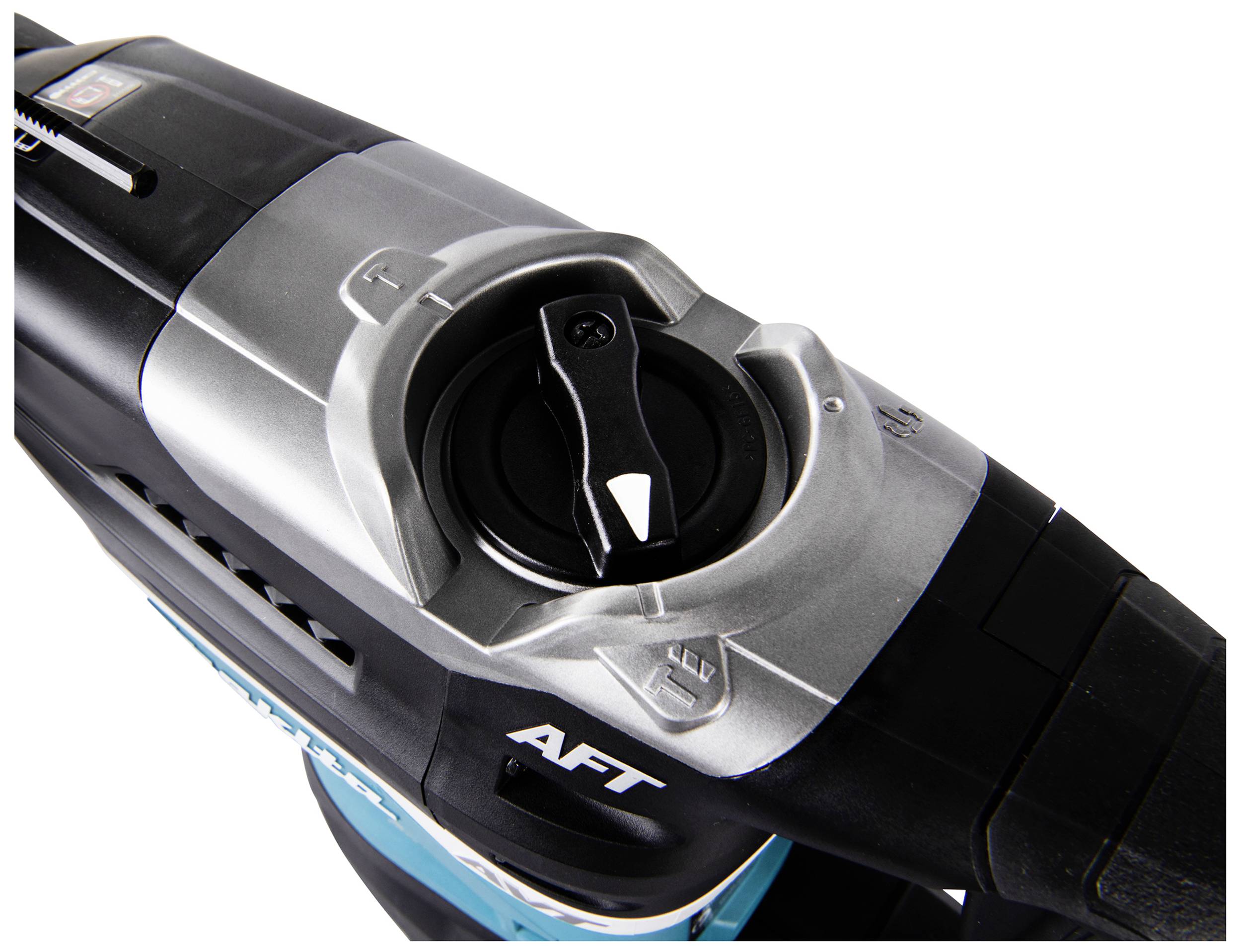 Winkel des Geräts in Nahaufnahme, silber-schwarze Oberfläche mit Hebel und Beschriftung 'AFT'.