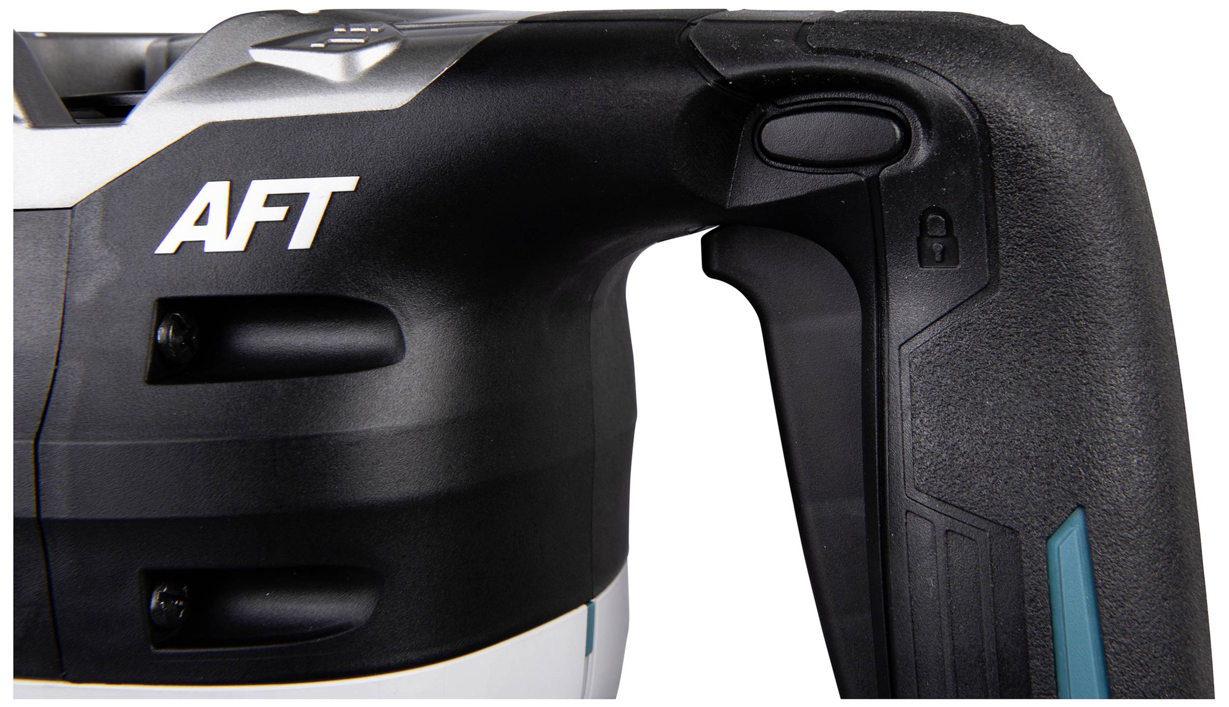 Nahaufnahme eines schwarzen Gerätegriffs mit der Aufschrift 'AFT'. Der Griff hat oben einen schwarzen Knopf und ist ergonomisch geformt.