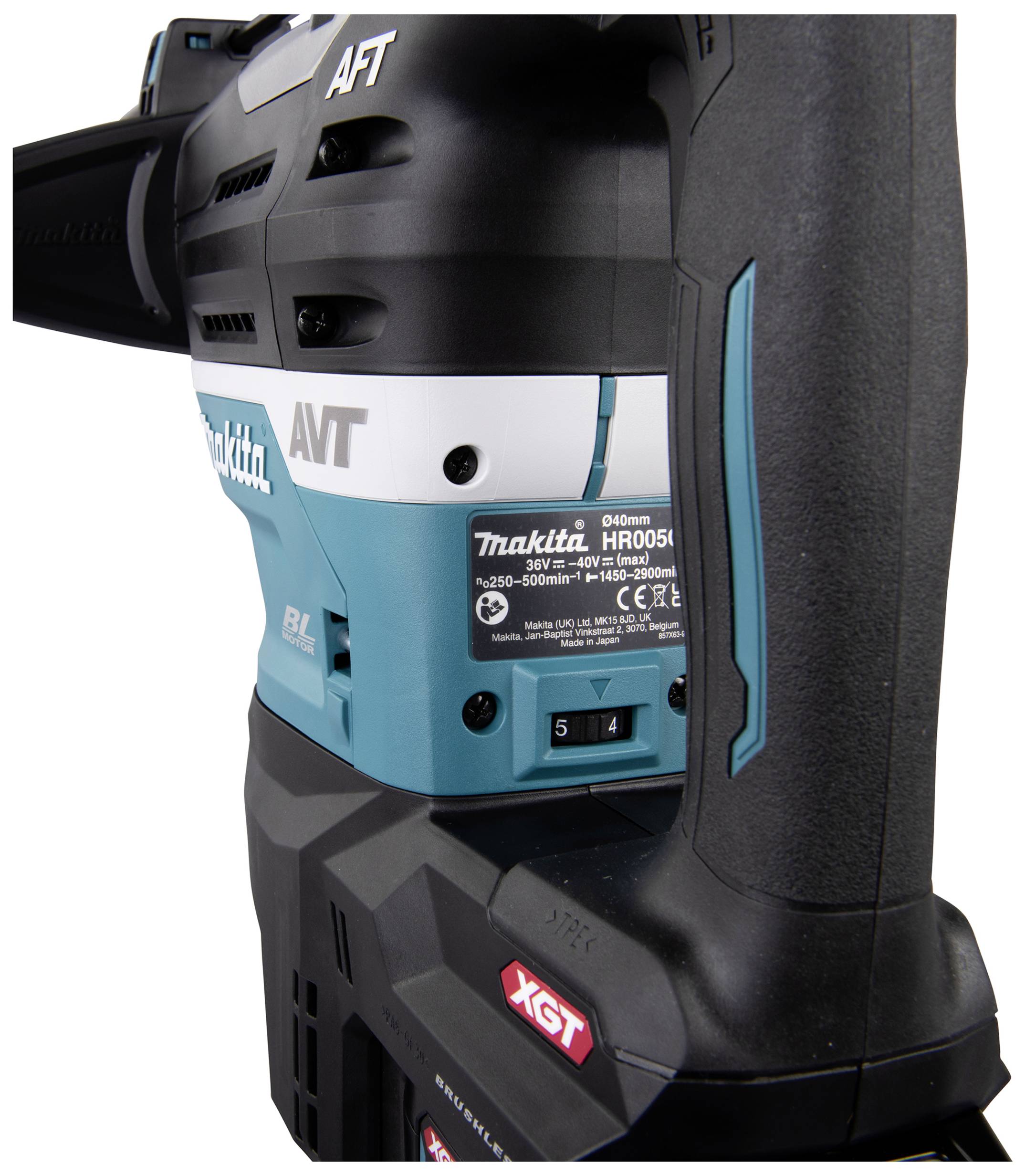 Professioneller Makita Bohrhammer mit ergonomischem Griff, Modell HR005G, blaue und schwarze Farbgebung, inklusive XGT-Technologie.