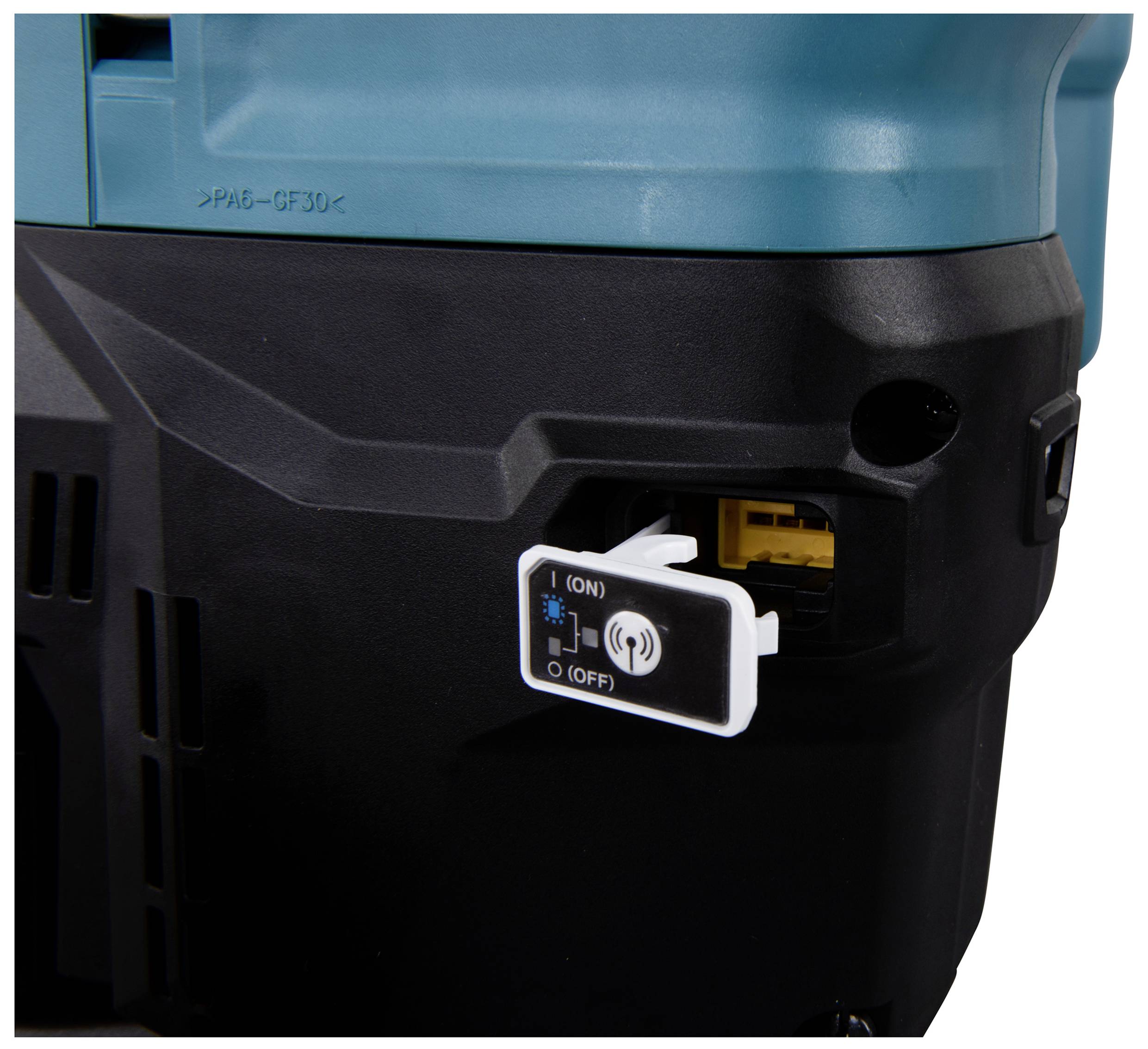 Ein schwarzes und blaues Elektrogerät mit einem weißen Schalter mit den Bezeichnungen 'ON' und 'OFF' auf der Vorderseite.