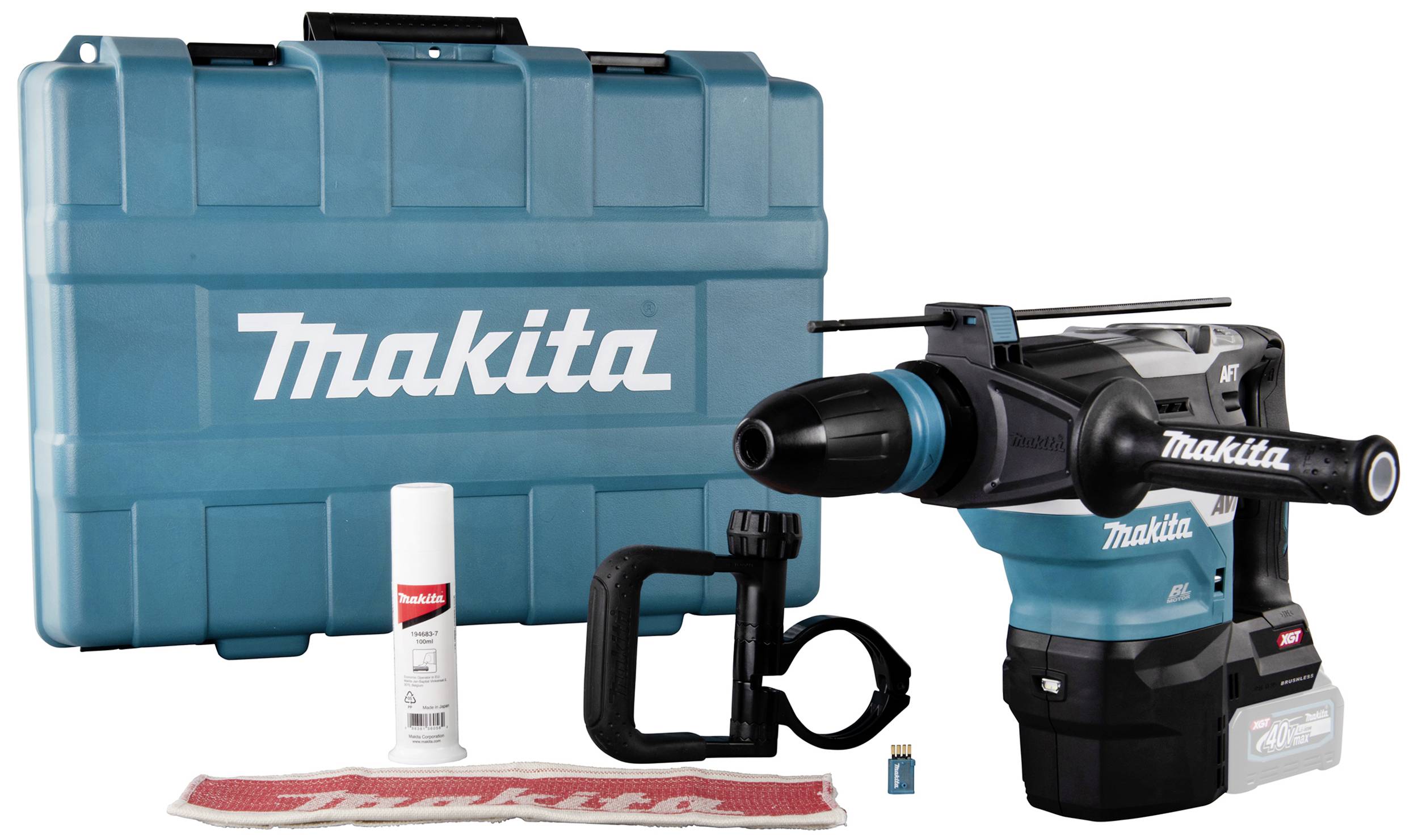 Ein Akku-Bohrhammer von Makita mit Zubehör: Transportkoffer, Bohrergriff, Staubschutz, Bohrerfett und Bedienungsanleitung.