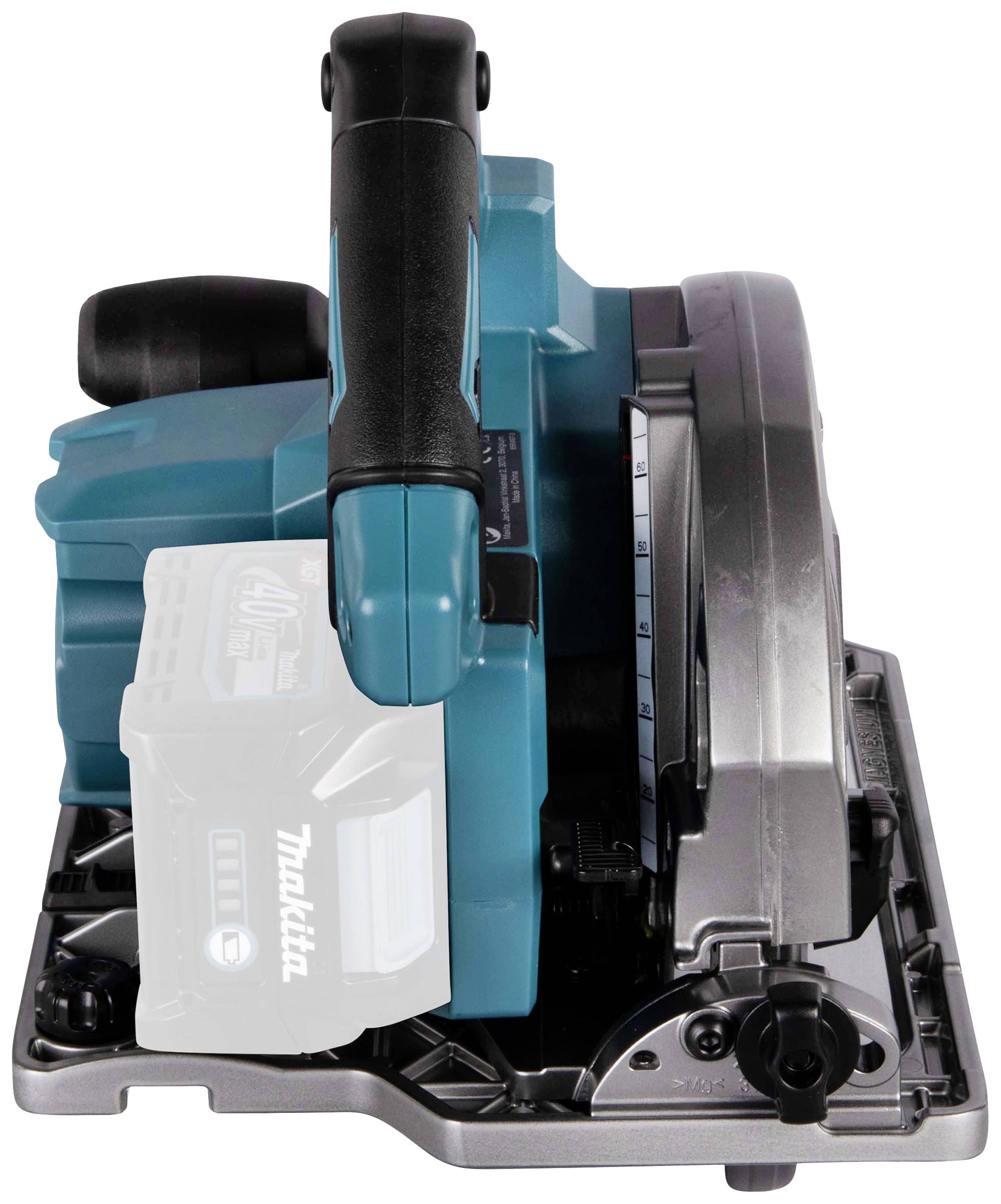 Kabellose Handkreissäge zur Holzbearbeitung, seitliche Ansicht, zeigt den Griff und Akkuaufnahme.