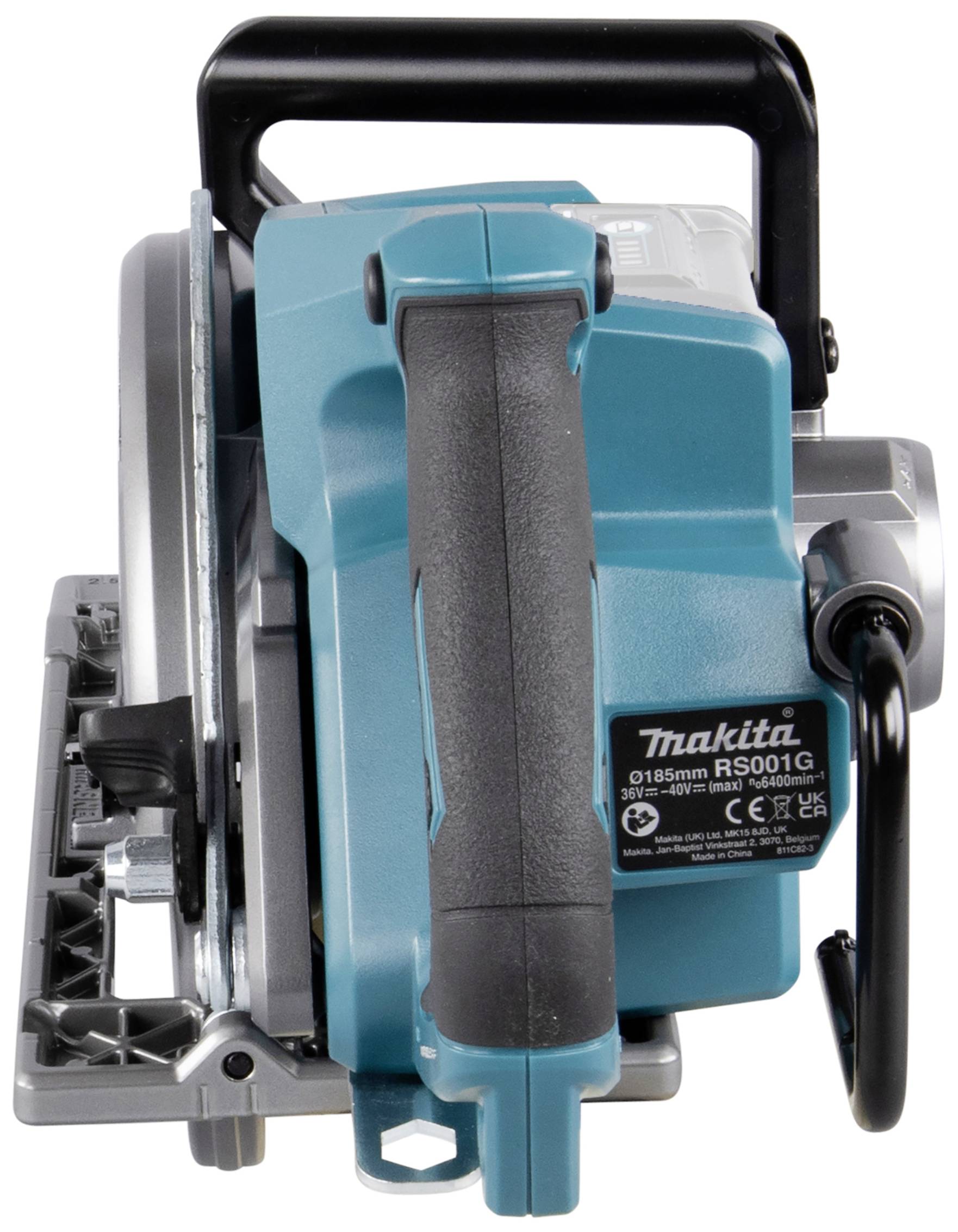 Kreissäge von Makita in seitlicher Ansicht. Die Säge ist blau und schwarz mit einem Metallsägeblatt.