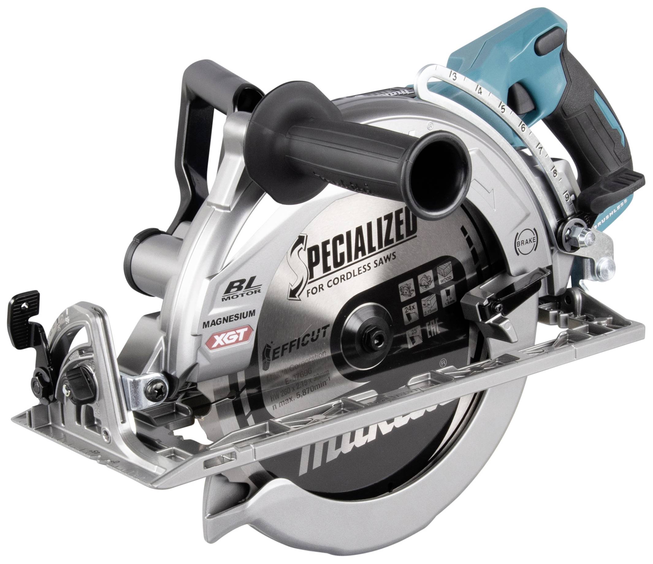 Akku-Handkreissäge mit Schriftzug 'Specialized for Cordless Saws', zeigt robuste Bauweise und ergonomischen Griff.