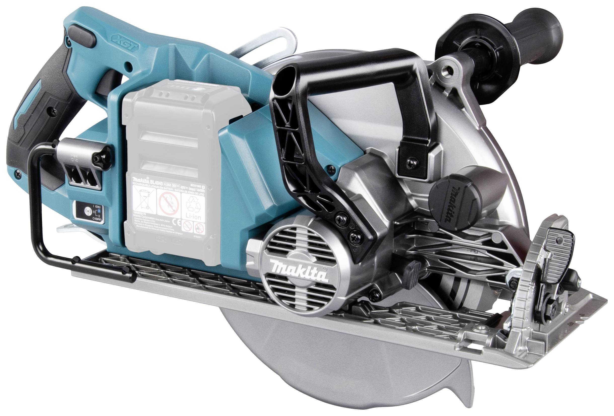 Kabellose Kreissäge mit blau-schwarzem Gehäuse, robustem Griff und scharfem Sägeblatt, geeignet für präzise Holzschnitte. Markenname sichtbar.