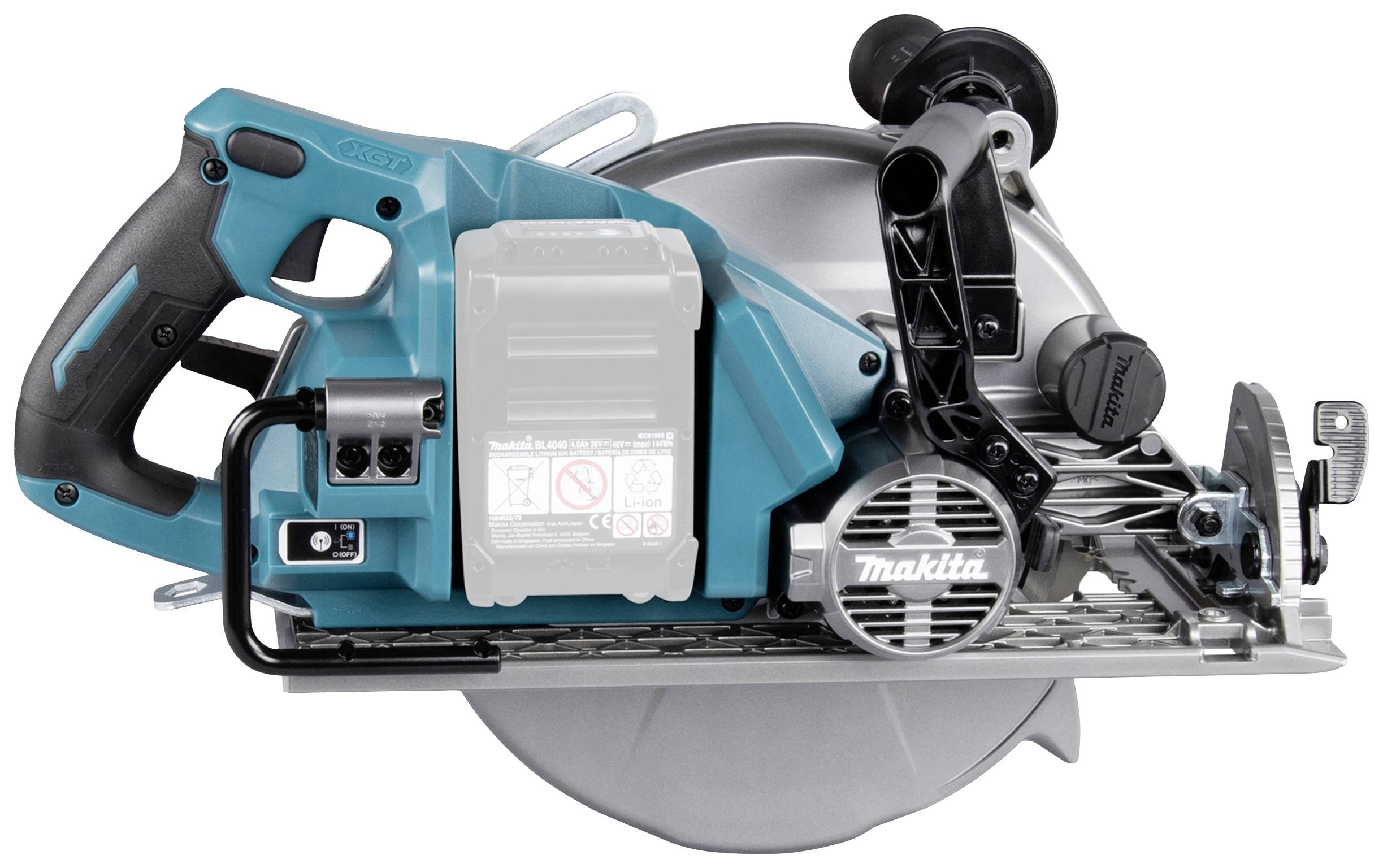 Eine blaue Makita-Handkreissäge mit schwarzem Griff und silberner Klinge auf weißem Hintergrund.