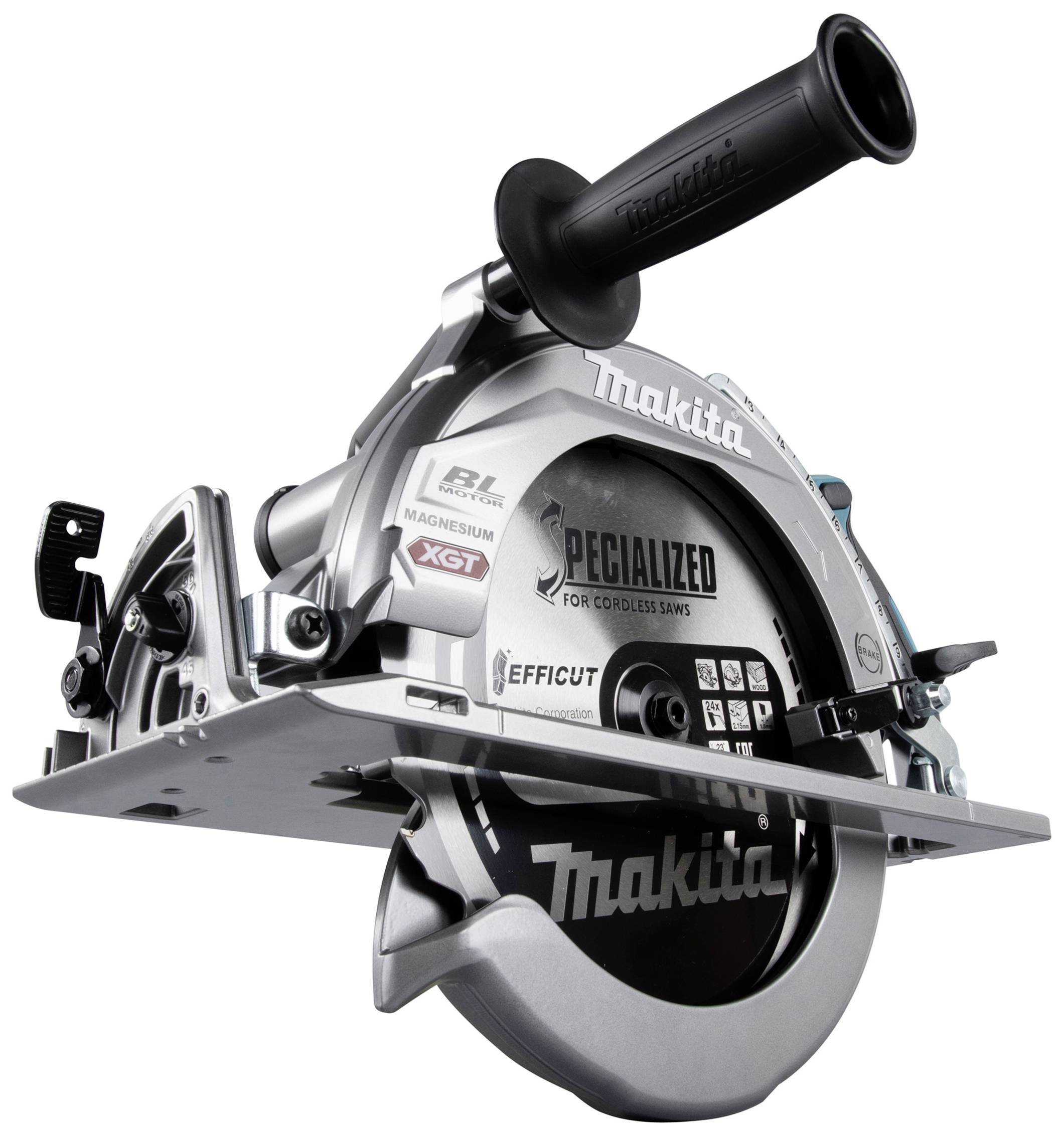 Akkubetriebene Kreissäge von Makita in Silber, schwarzer Griff, seitliche Ansicht, zeigt das aufgesetzte Sägeblatt und EFFICIUT-Logo.