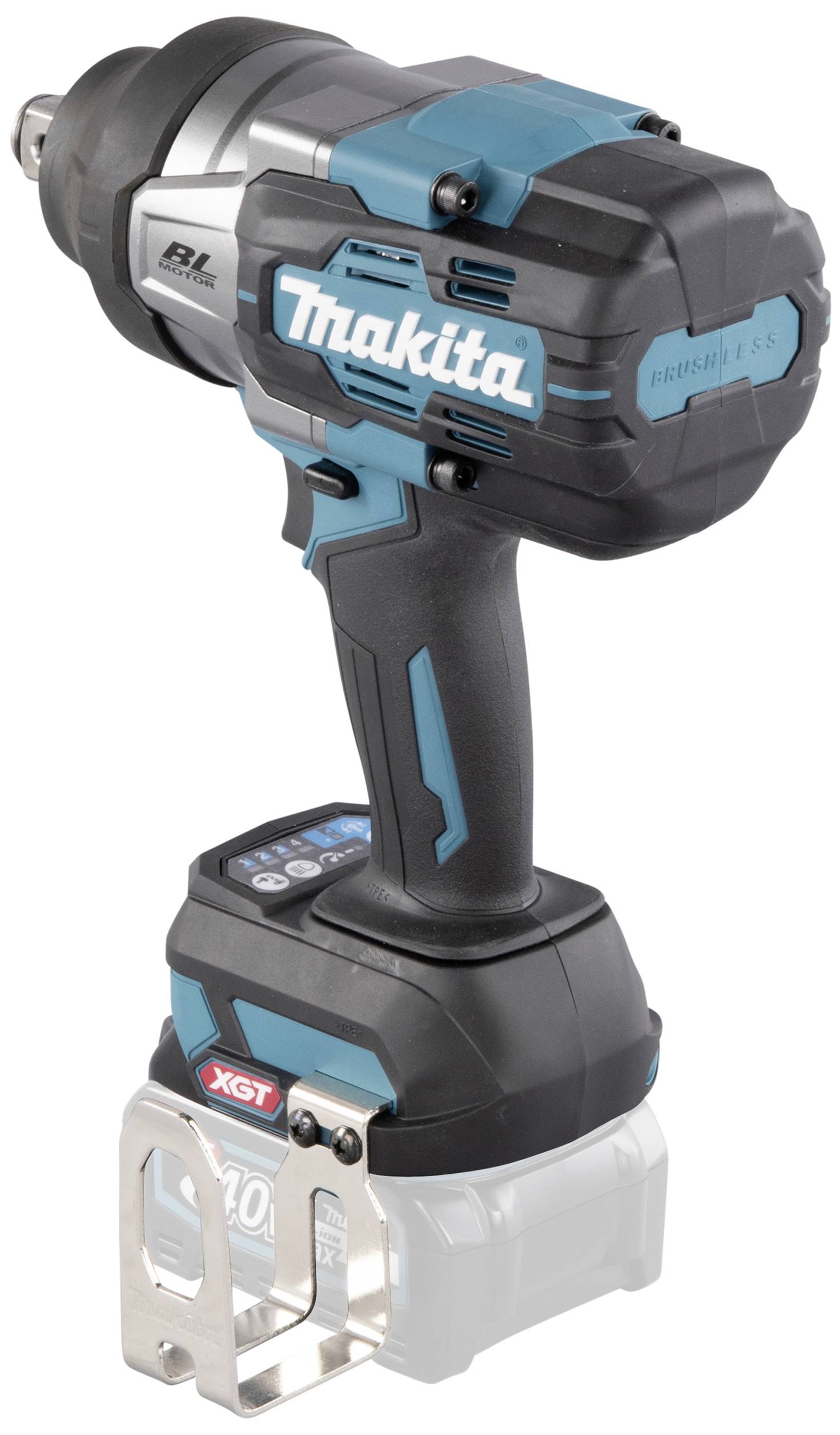 Ein blauer und schwarzer Akkuschlagschrauber der Marke Makita, mit silbernem Haken und klar sichtbaren Markierungen.
