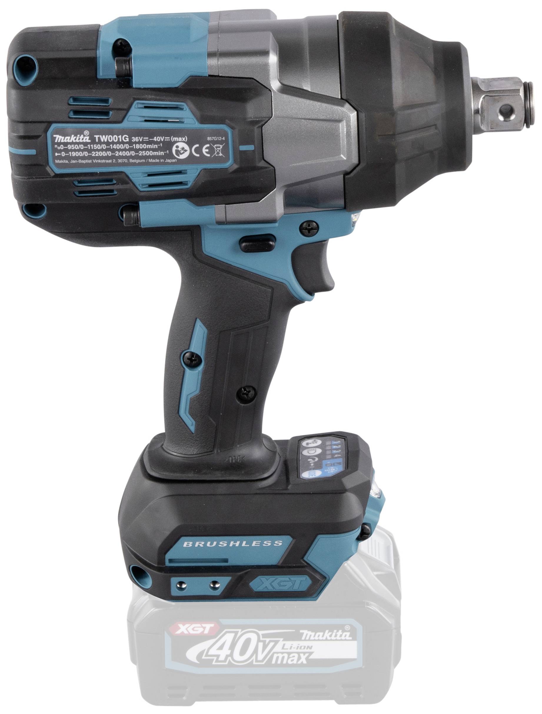 Akkuschlagschrauber mit blau-schwarzem Design, gezeigt von der Seite. Markenname und technische Details auf dem Gerät sichtbar.