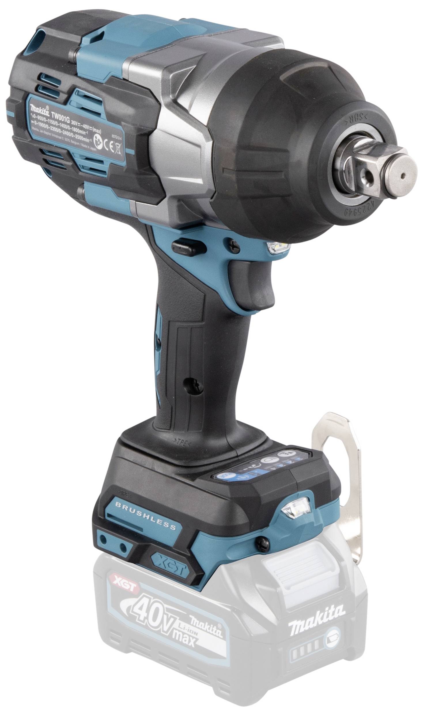 Ein blau-schwarzer kabelloser Schlagschrauber mit 40V-Akku, geeignet für starke Befestigungsarbeiten.