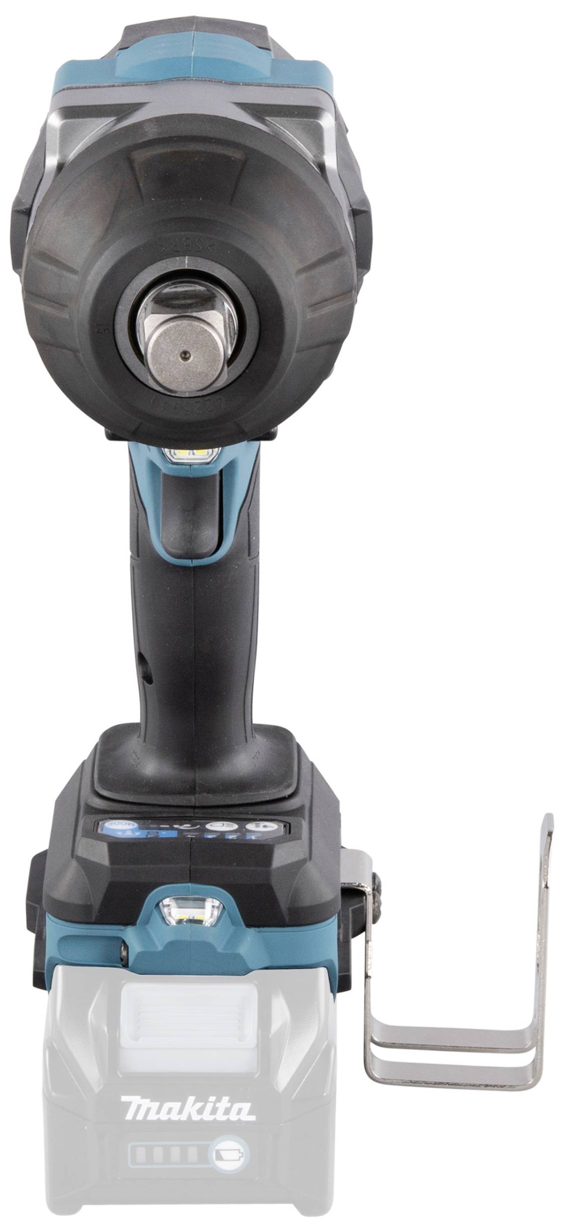 Ein blau-schwarzer elektrischer Akkuschlagschrauber von vorne gesehen, mit einem silbernen Halter auf der rechten Seite.