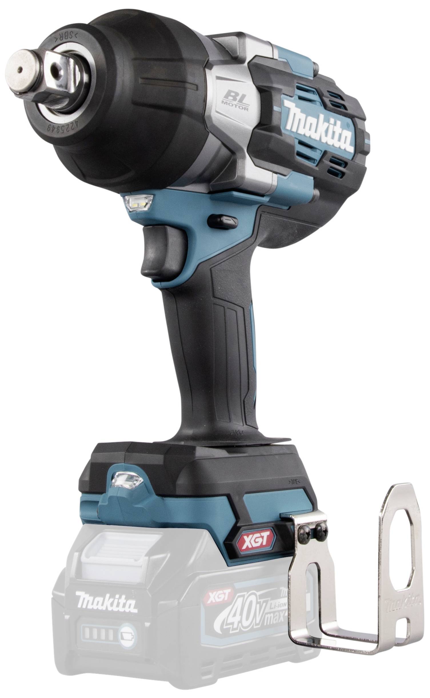 Akkubohrschrauber in schräger Ansicht, schwarz-blau, mit Metallhaken an der Seite. 'Makita 40V XGT' auf Akku deutlich sichtbar.