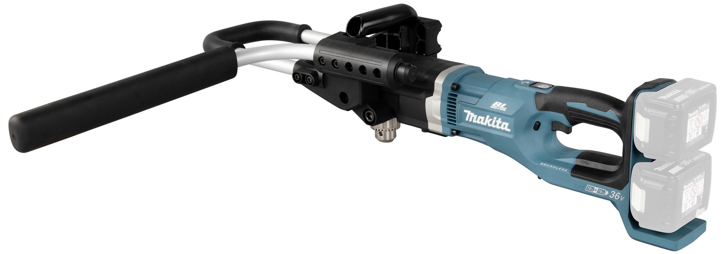 Handpressgerät mit blau-schwarzem Griff, zwei Batterien hinten. Wird zum Verpressen von Rohren in Handwerksarbeiten verwendet.