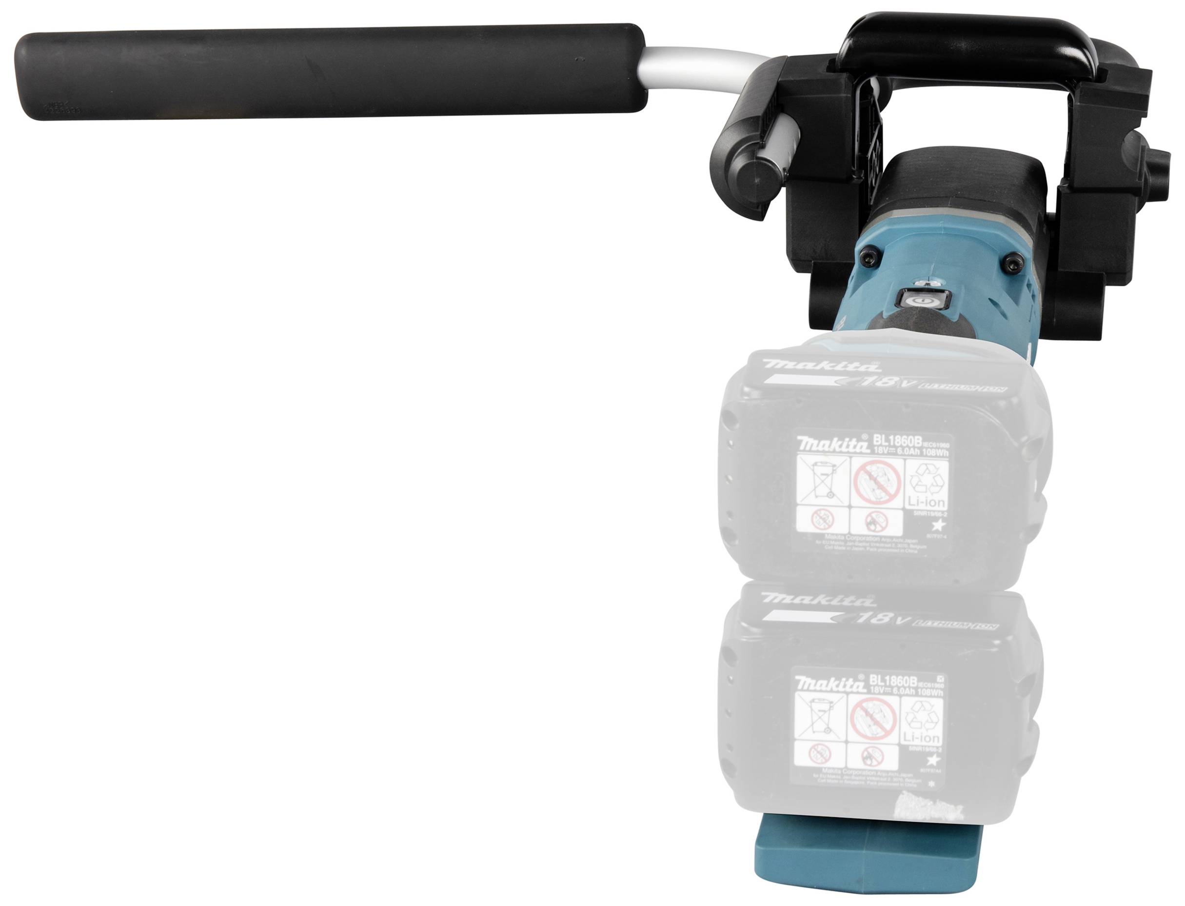 Ein blauer, batteriebetriebener Winkelschneider mit schwarzem Griff. Zwei Akkus sind nebeneinander montiert.