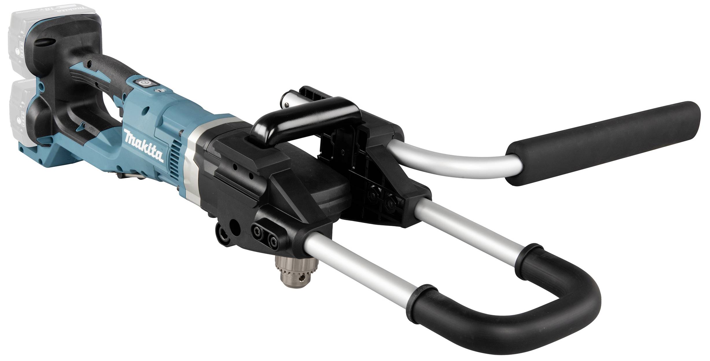 Ein elektrischer Bohrhammer mit blauem Gehäuse und schwarzem Griff. Markenname sichtbar auf der Seite des Werkzeugs. Gezeigt in Profilansicht.