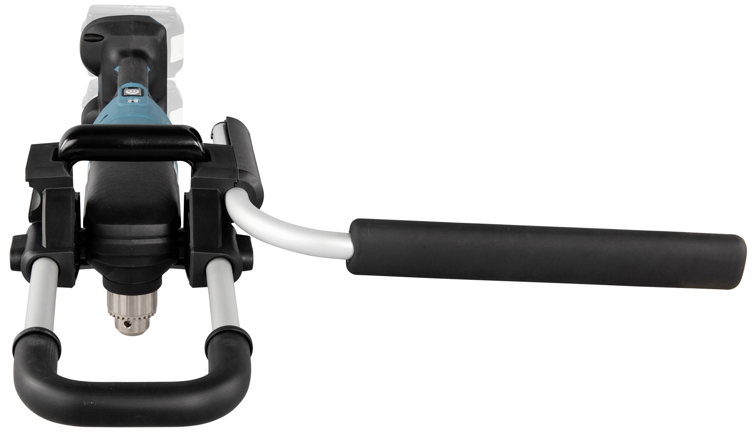 Elektrische Handbohrmaschine mit schwarzem Griff und blauem Gehäuse, von vorne gezeigt. Geeignet für schwere Bohrarbeiten.