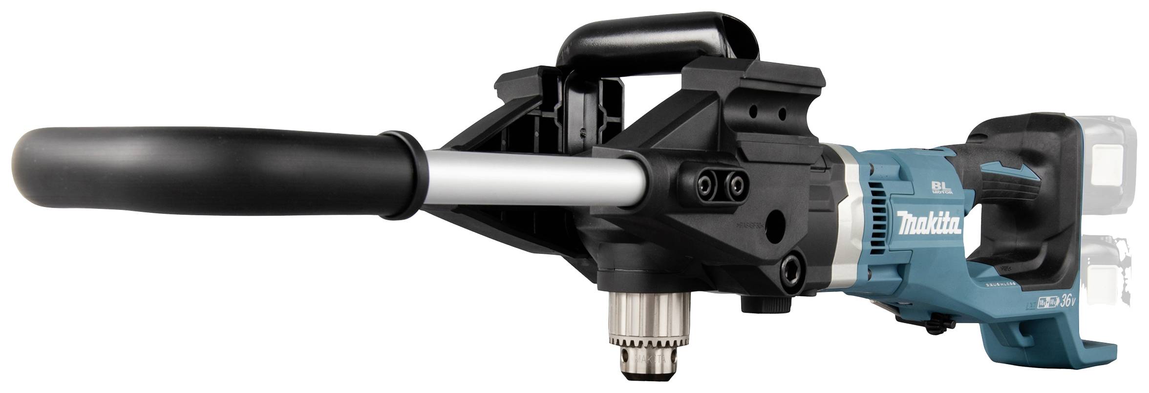 Akkubohrmaschine mit robustem Design und ergonomischem Griff. Markante Türkisfarbe, mit Metallbohrkopf und Akkufach hinten.