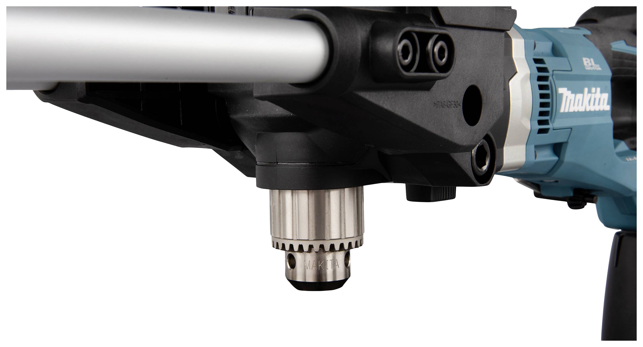 Ein blau-schwarzer Elektrowerkzeug-Bohrhammer in Nahaufnahme. Deutlich sichtbar sind der Bohrkopf und das Markenzeichen der Maschine.