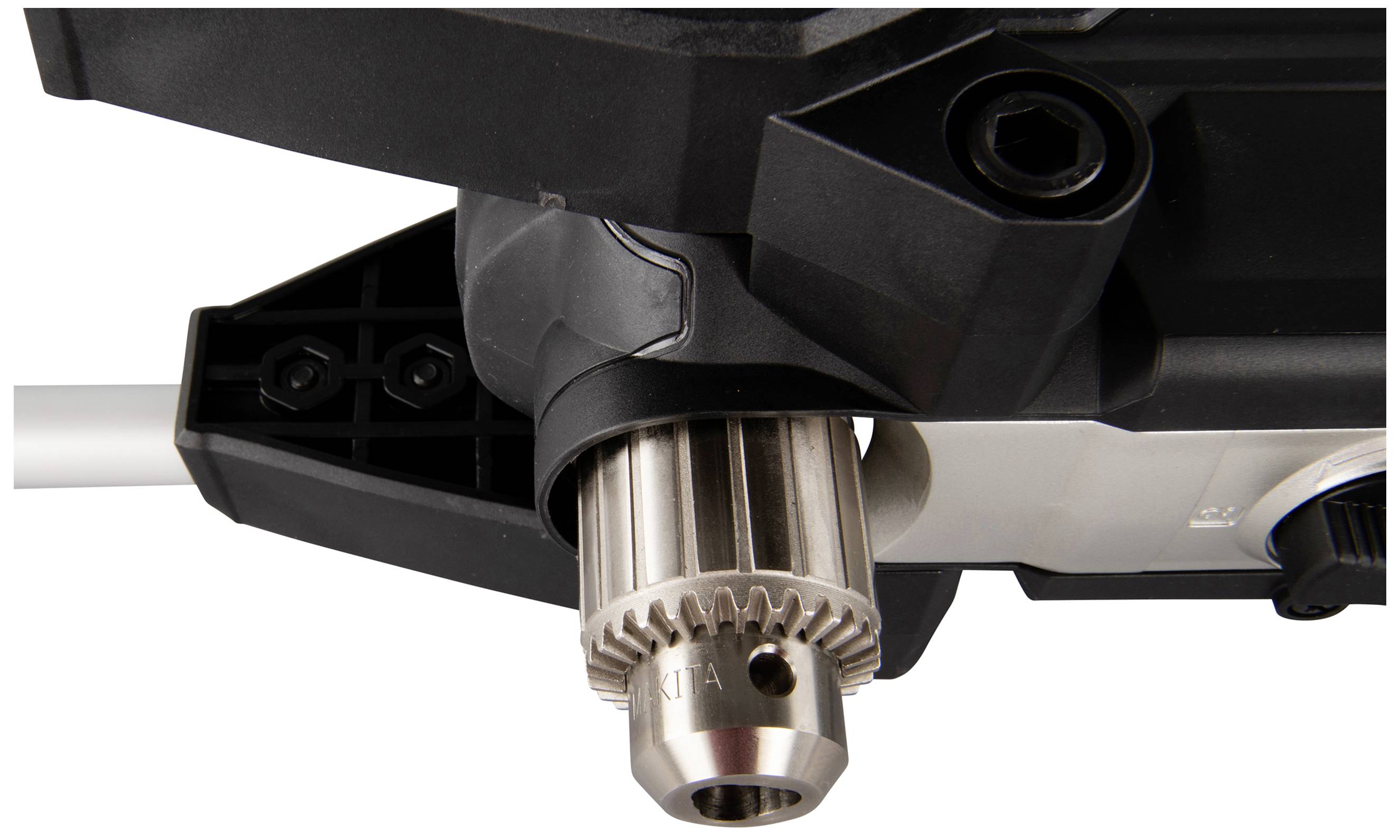 Detailaufnahme eines robusten, schwarzen Elektrowerkzeug-Kopfes mit silbernem Metallbohrfutter, das auf Präzision und Stärke hinweist.