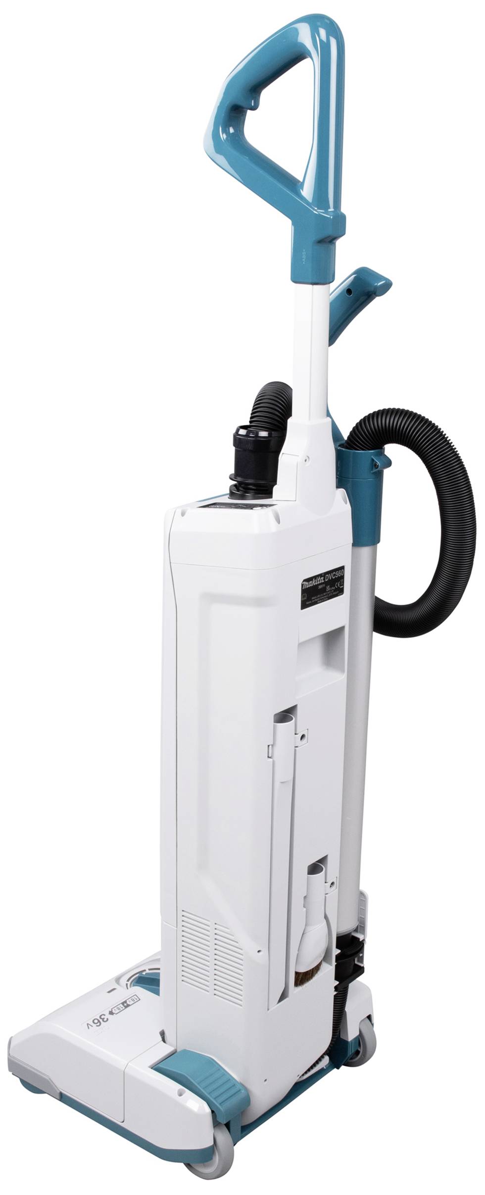 Ein weißer und blauer Standstaubsauger mit Griff und Schlauch, stehend in seitlicher Position.