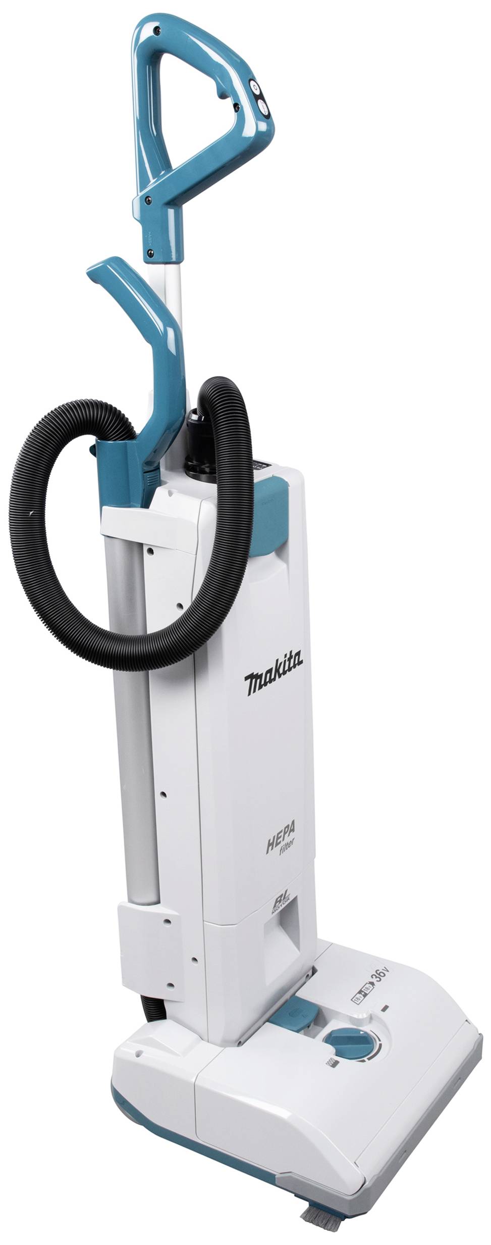 Ein weißer, stehender Staubsauger mit blauem Griff und schwarzem Schlauch. Markennamen und Modelle sind sichtbar.