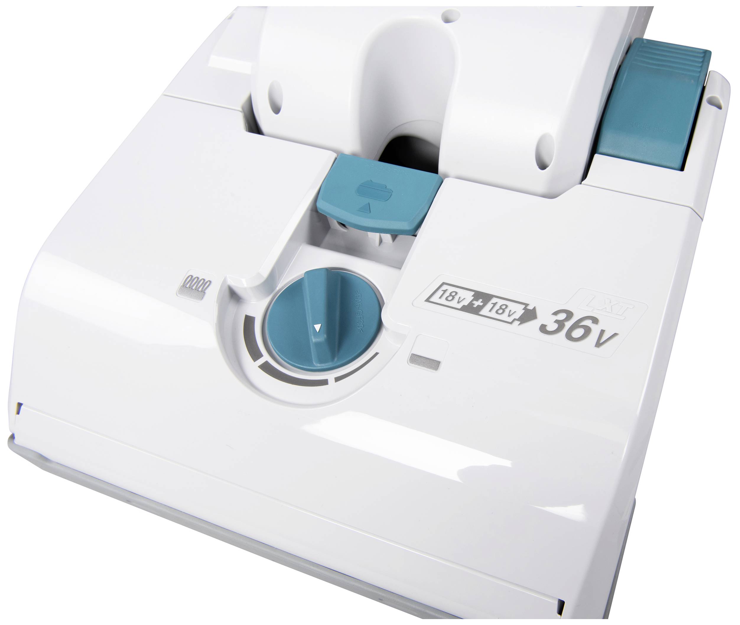 Weißer Staubsaugerkopf mit türkisfarbenem Drehknopf und Spannungshinweis '18V + 18V = 36V'.