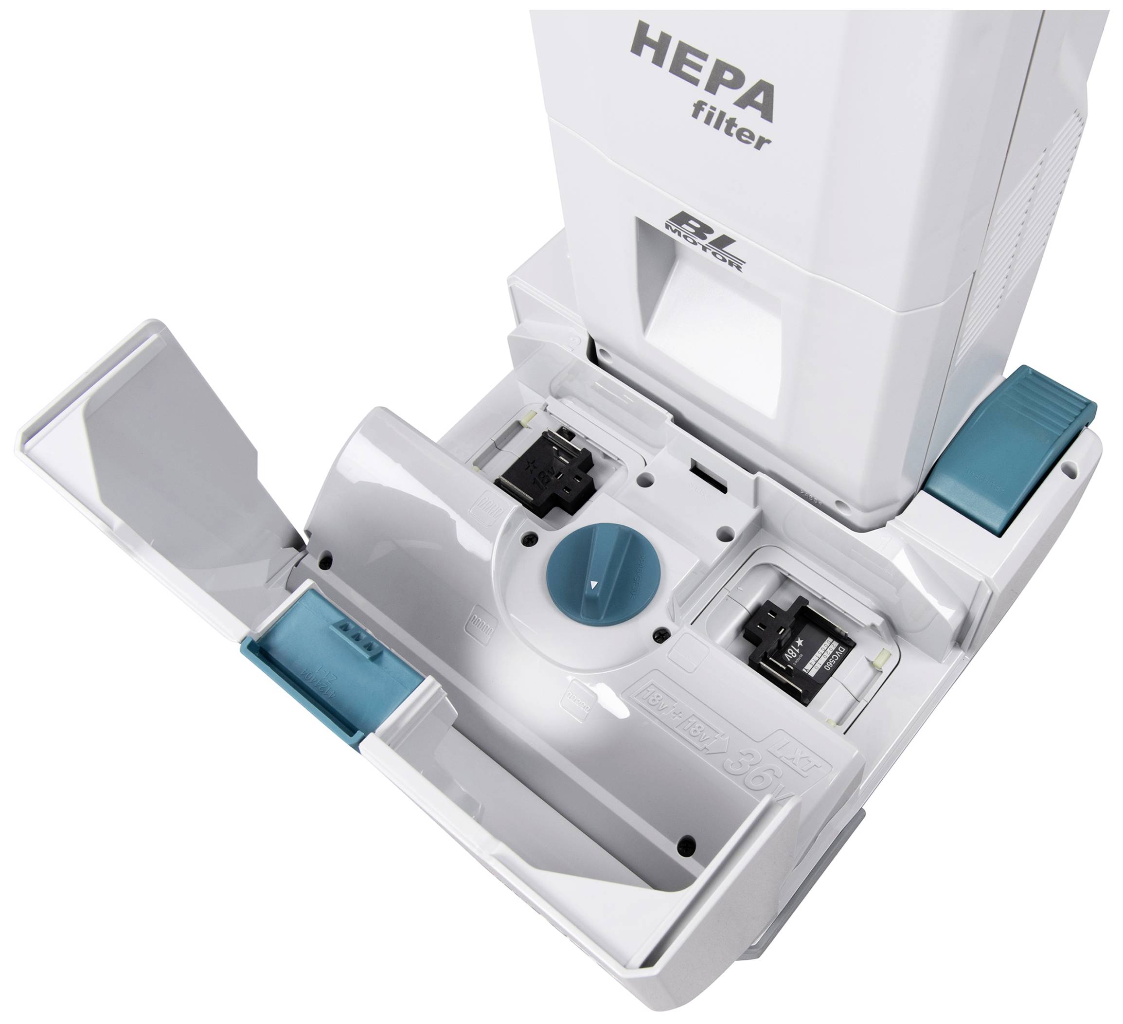 Ein Staubsauger mit einem sichtbaren HEPA-Filter und ausklappbaren Teilen, die den Mechanismus zeigen. Hervorgehobene technische Details.