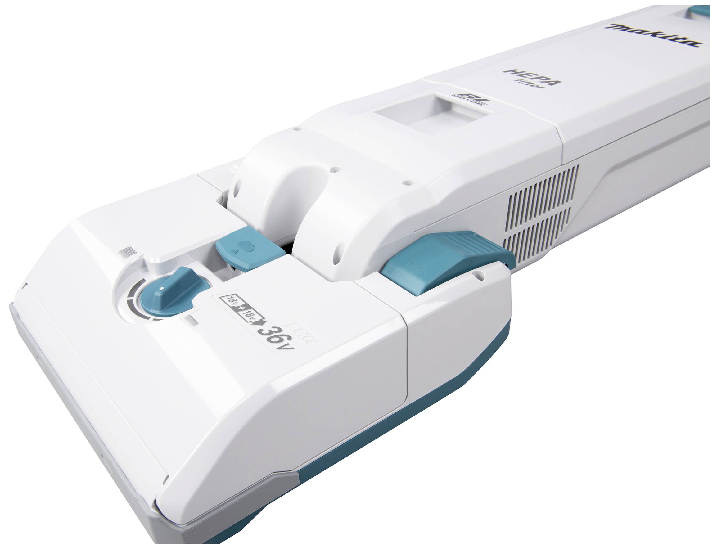 Ein weißer, kabelloser Staubsauger mit türkisfarbenen Akzenten, liegend auf einer glatten Oberfläche, zeigt die Marke auf der Oberseite.