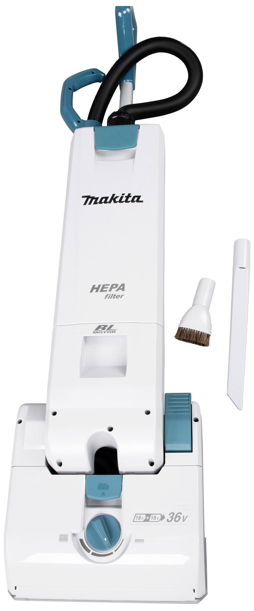 Ein weißer Staubsauger mit blauen Akzenten. Markiert mit 'Makita' und 'HEPA Filter'. Enthält behebbare Teile wie Bürstenaufsatz.