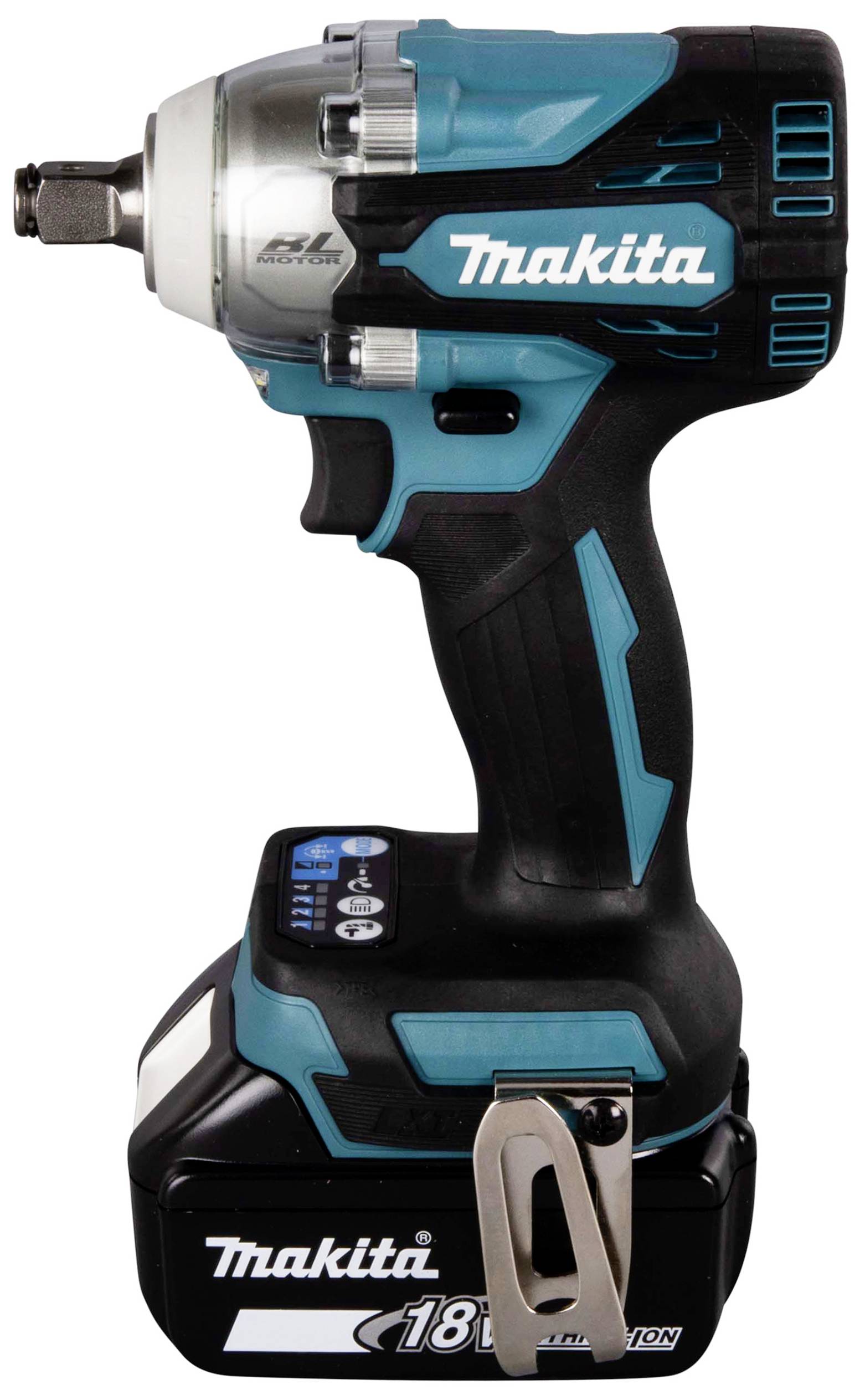 Akkuschlagschrauber mit schwarzem und blauem Gehäuse, silbernem Kopf und einem 18V-Akku.