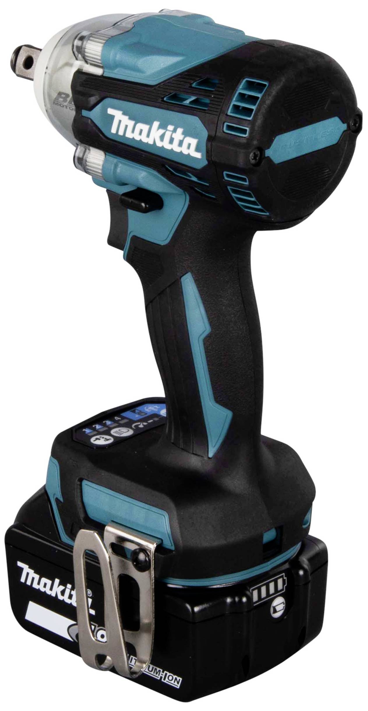 Ein kabelloser, blau-schwarzer Makita Schlagschrauber mit Akku, geeignet für schwere Schraubarbeiten.