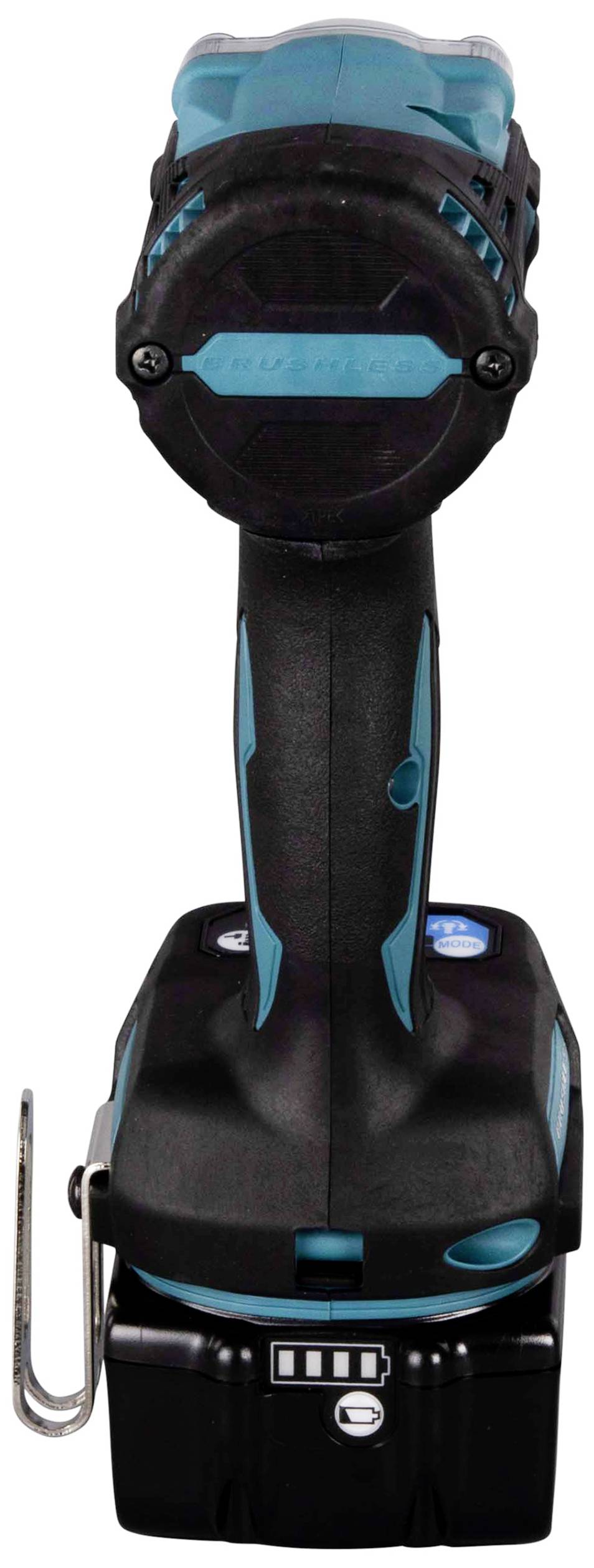 Akkuschrauber von hinten, zeigt den Griff, die Rutsche für den Akku und das Statuslicht des Ladezustands. Ideal für Heimwerker.