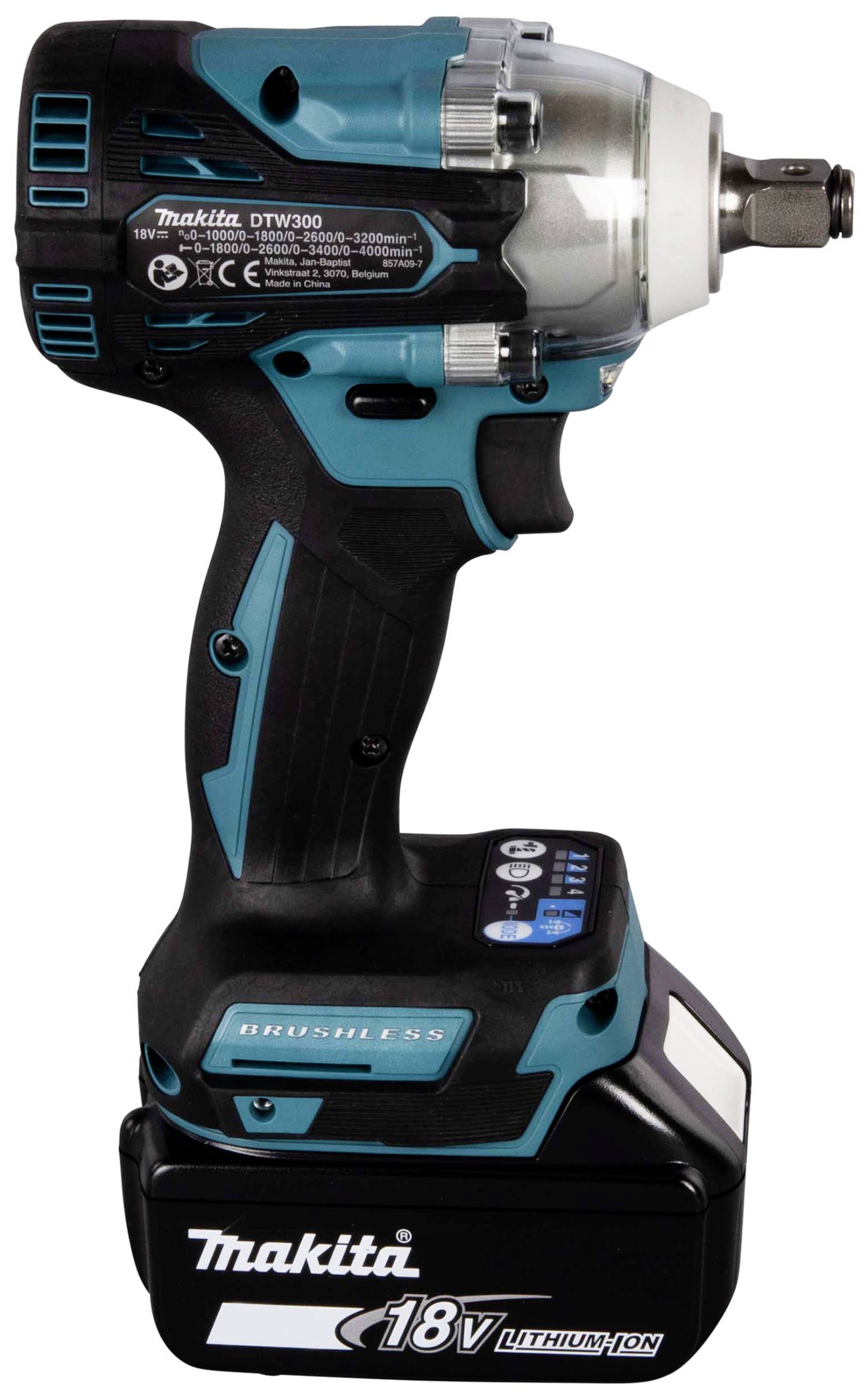 Kabelloser Schlagschrauber mit 18V Lithium-Ionen-Akku und bürstenlosem Motor. Markenname auf dem Gerät sichtbar. Geeignet für Bauarbeiten.