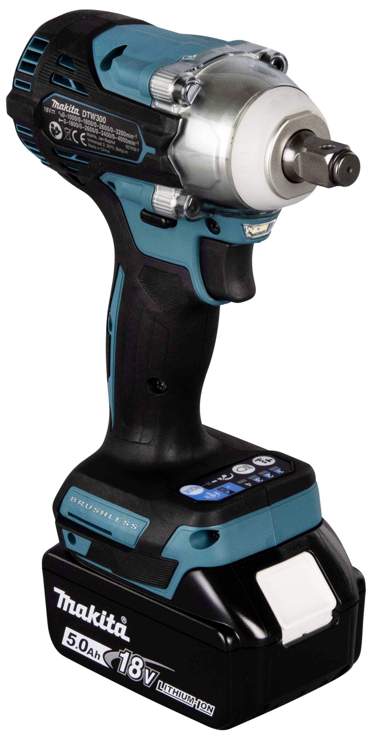 Akkuschlagschrauber von Makita, Modell DTW300, 18V, mit schwarzem Griff und blauem Gehäuse; zeigt den Akku und Drehmoment-Einstellung.