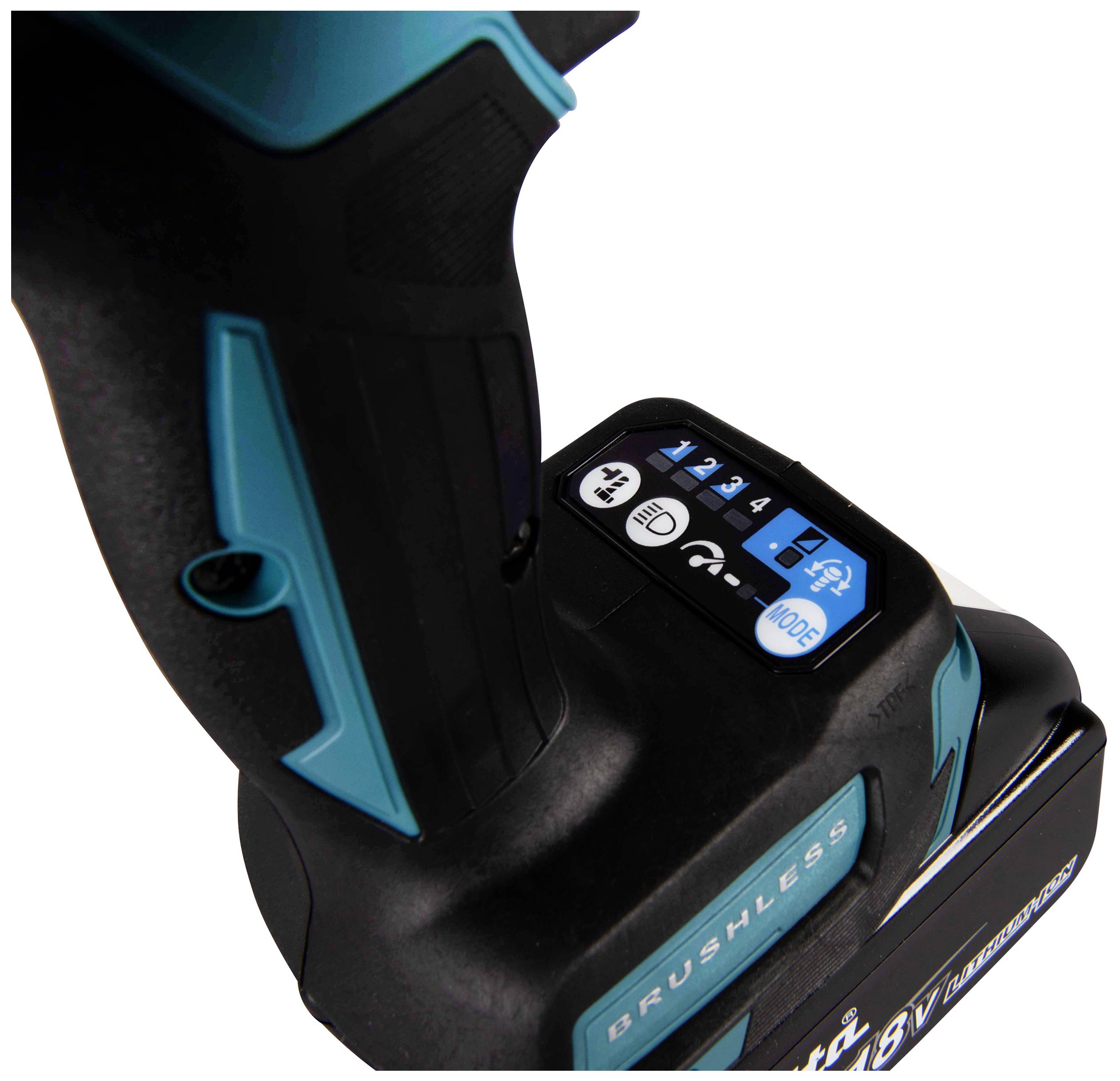 Akkuschraubergriff mit Steuerungselementen und Display, das den Ladezustand der Batterie anzeigt.