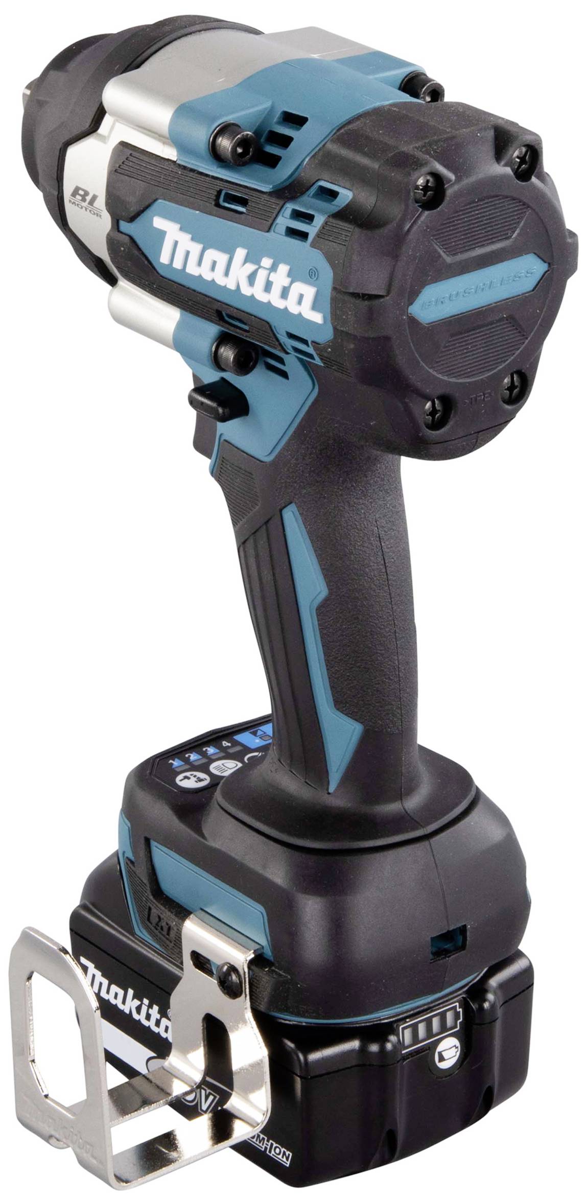 Ein kabelloser Bohrschrauber in Schwarz und Blau von Makita mit ergonomischem Griff und Akku unten, bereit zum Einsatz.